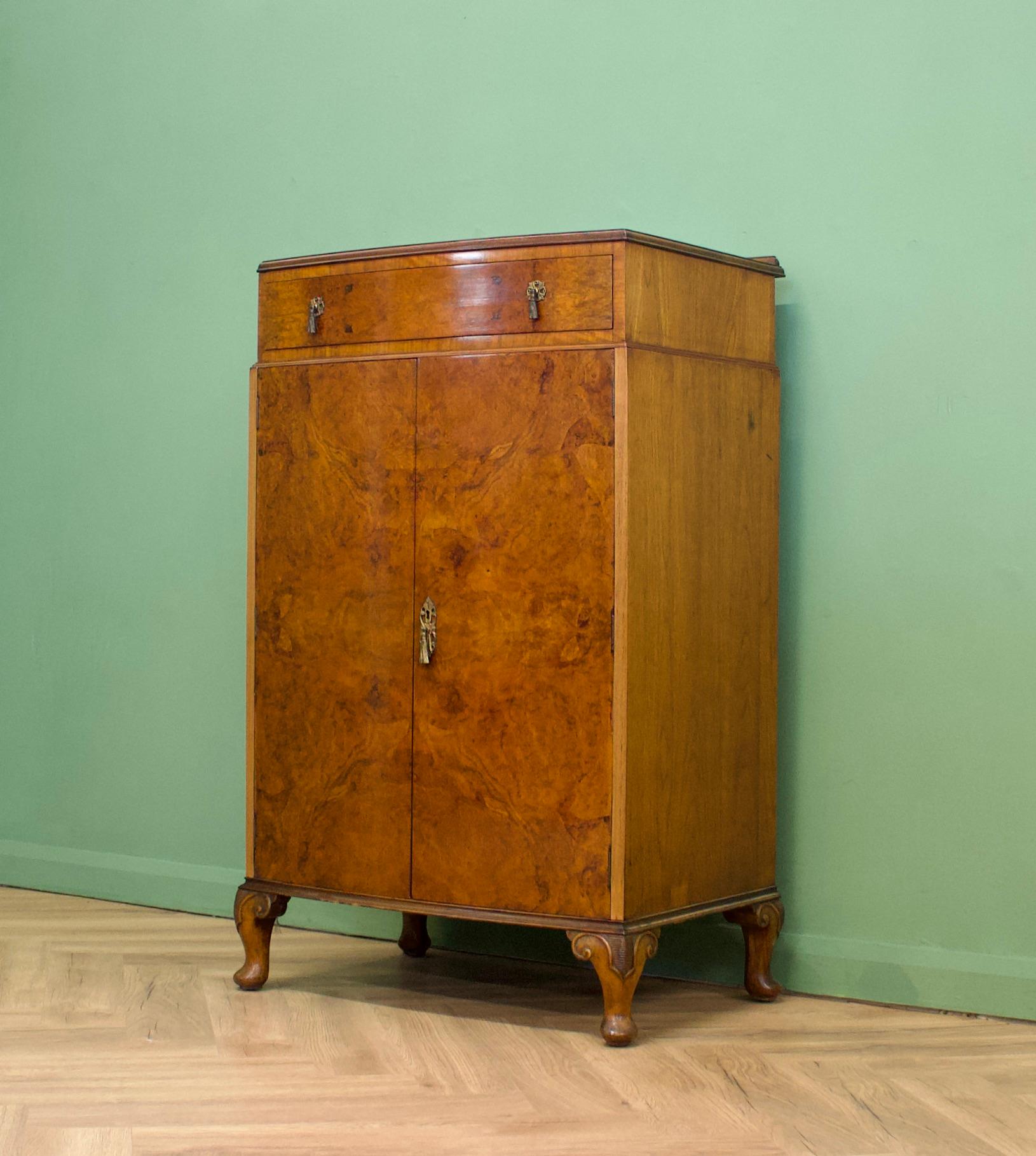 British Vintage Art Deco Burr Walnut Tallboy / Linen Cabinet Press, 1930's