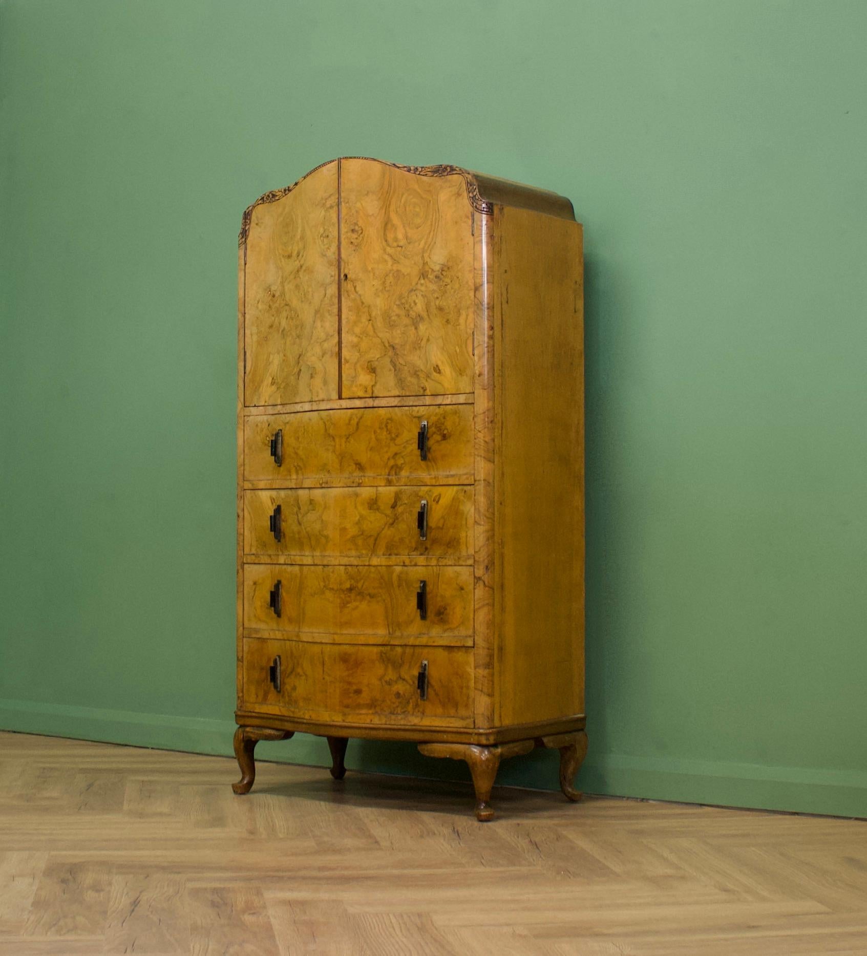 British Vintage Art Deco Burr Walnut Tallboy / Linen Cabinet Press, 1930's