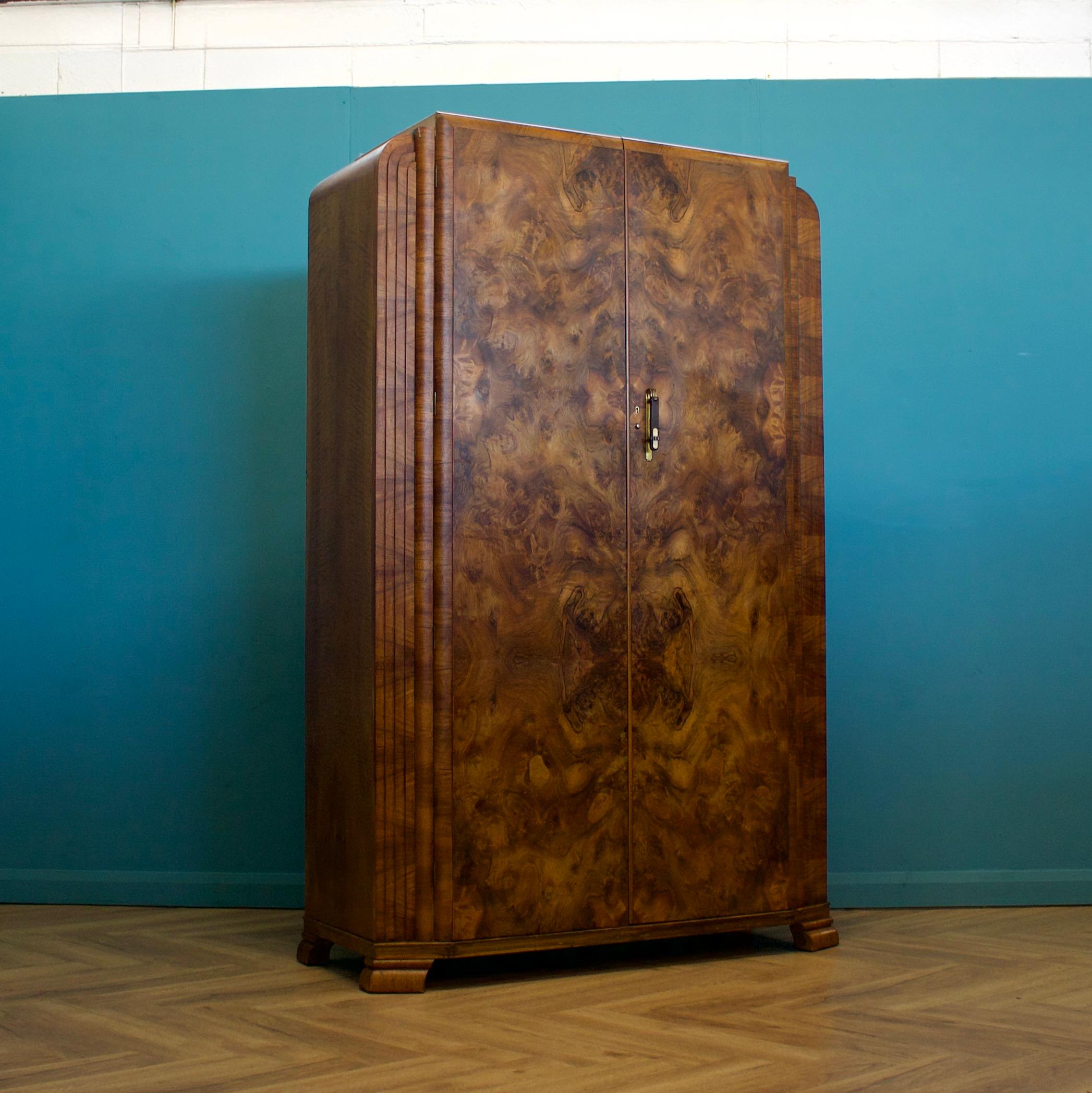 British Vintage Art Deco Burr Walnut Wardrobe, 1930s