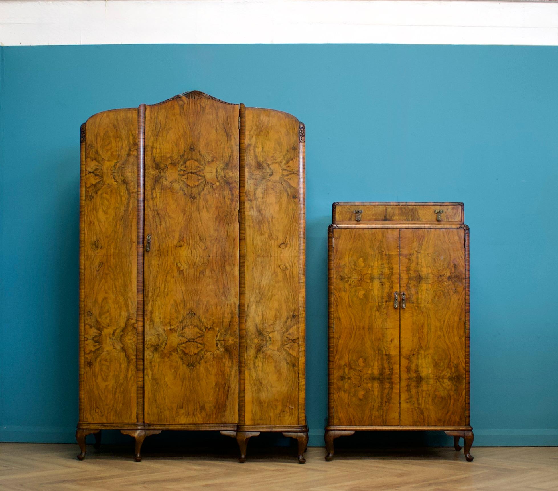 British Vintage Art Deco Burr Walnut Wardrobe, 1930s