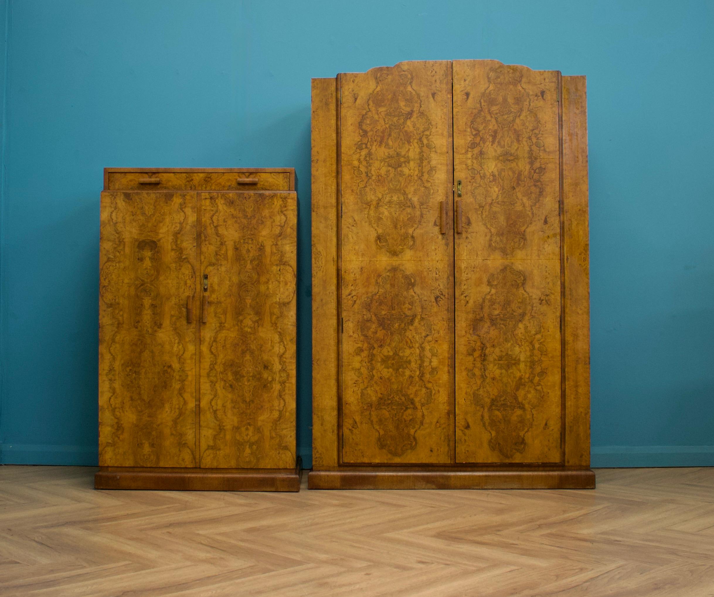 British Vintage Art Deco Burr Walnut Wardrobe, 1930s For Sale