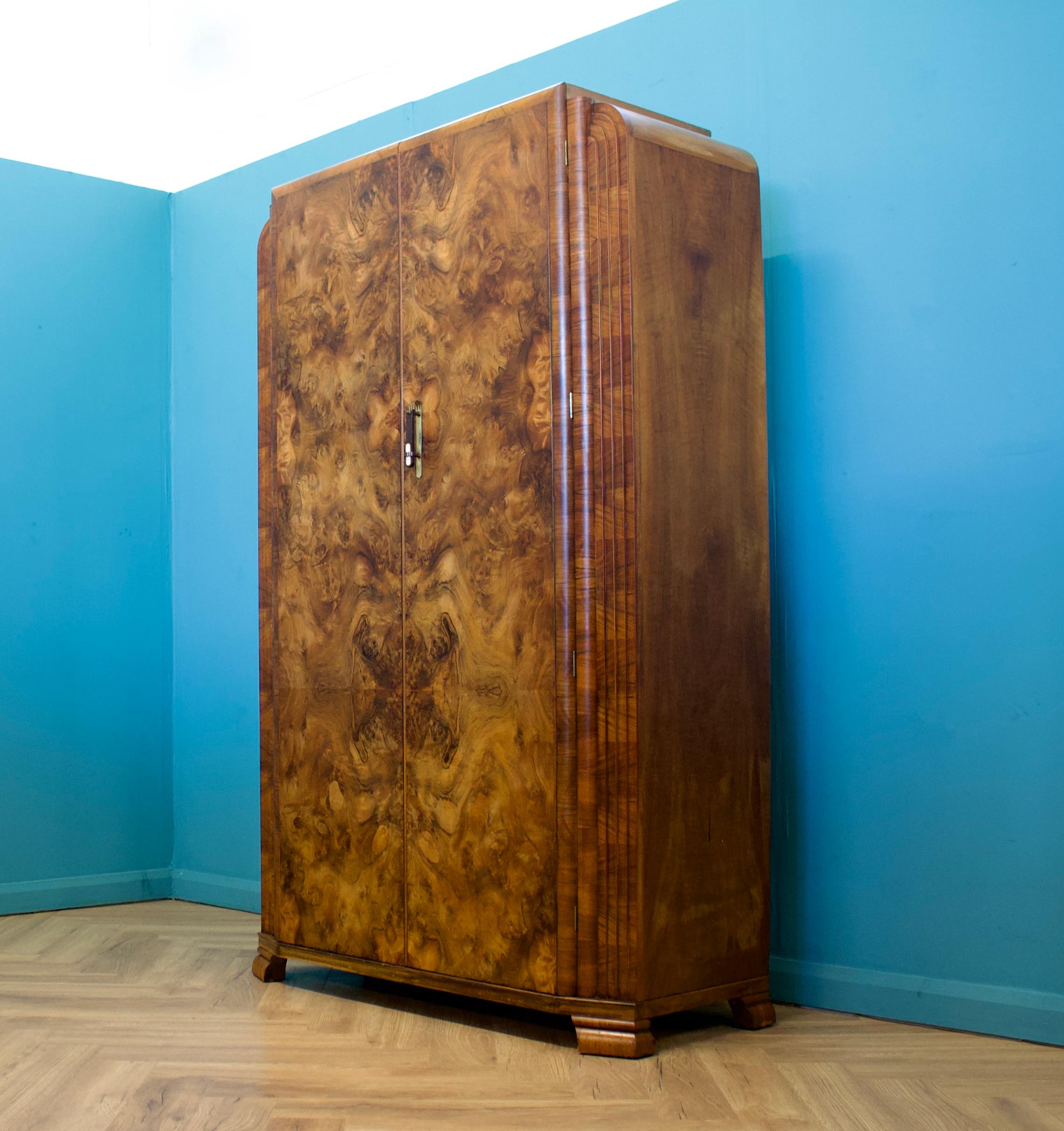 Veneer Vintage Art Deco Burr Walnut Wardrobe, 1930s