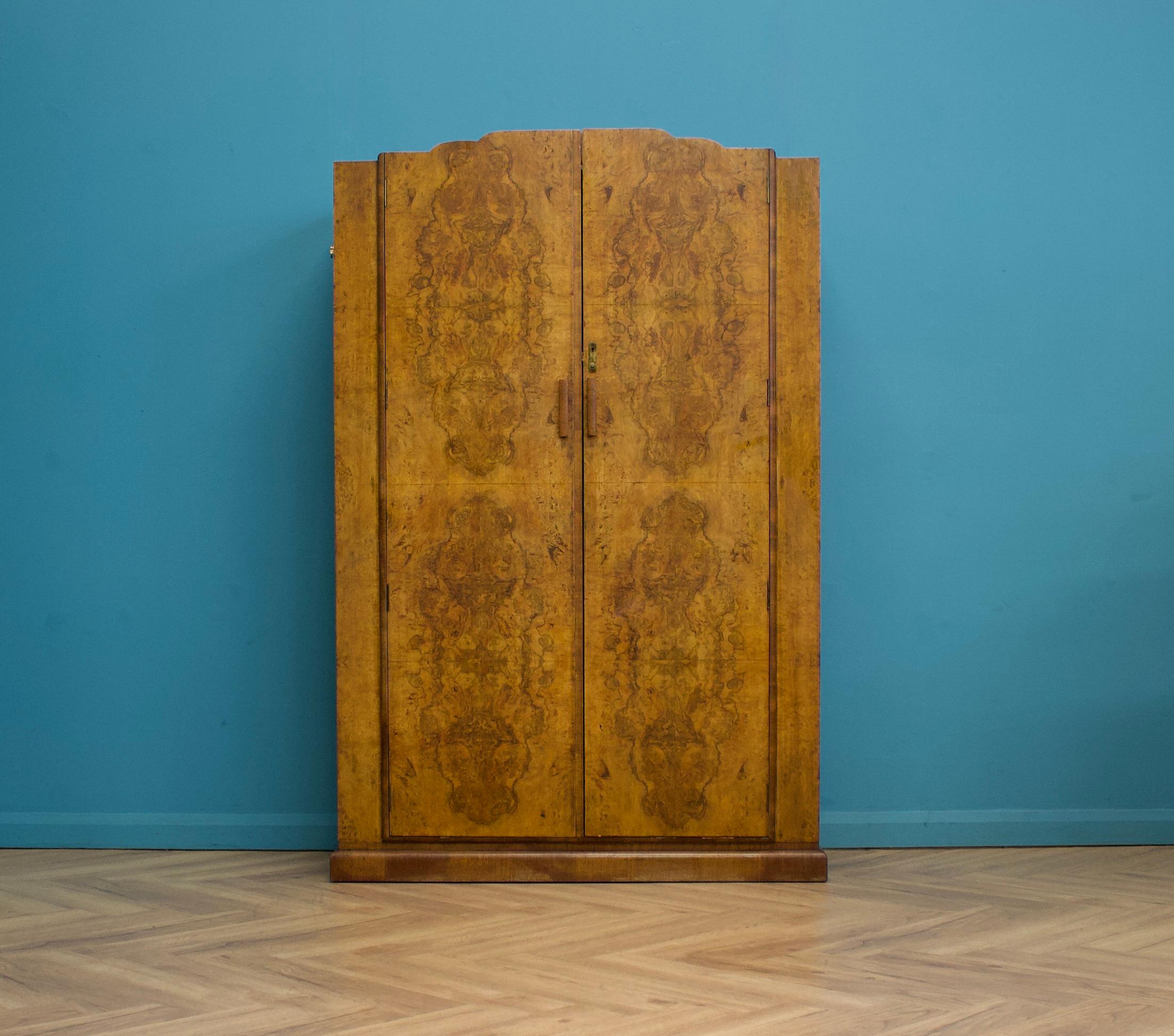 Veneer Vintage Art Deco Burr Walnut Wardrobe, 1930s For Sale