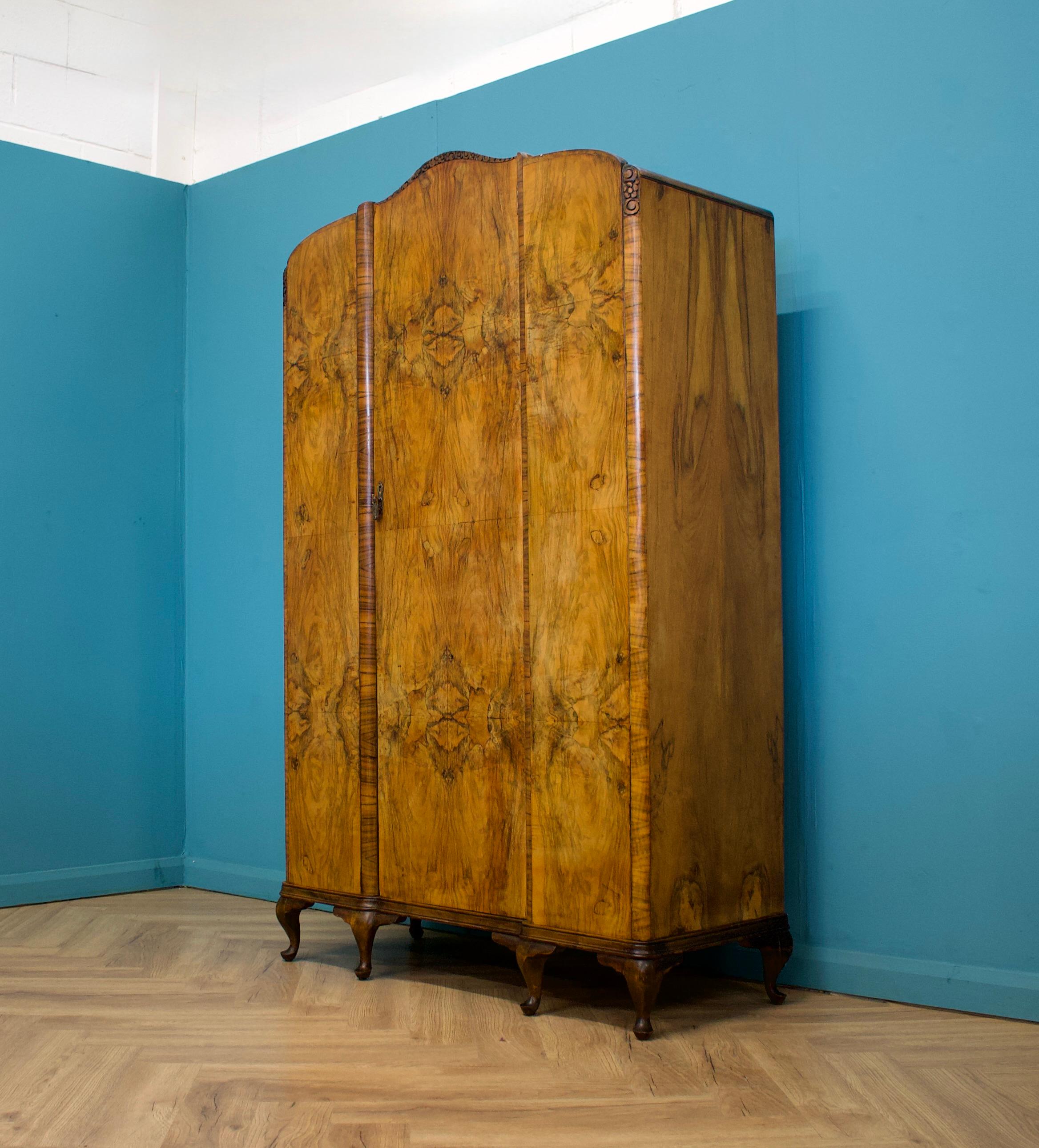 Vintage Art Deco Burr Walnut Wardrobe, 1930s In Good Condition In South Shields, GB