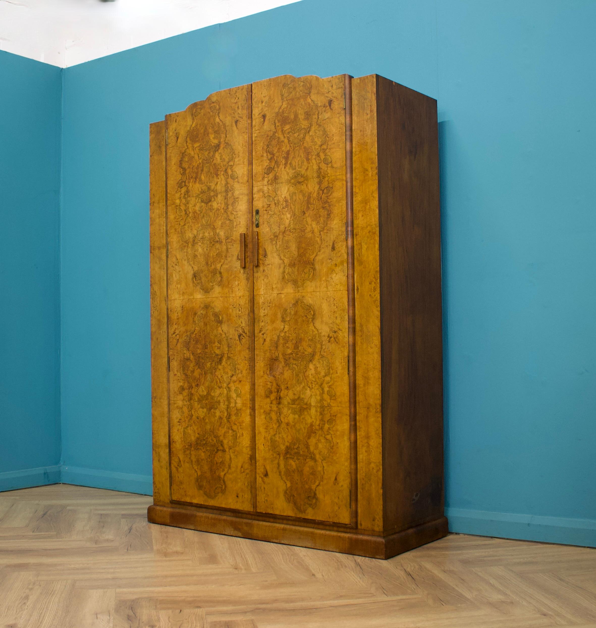 Vintage Art Deco Burr Walnut Wardrobe, 1930s In Good Condition For Sale In South Shields, GB