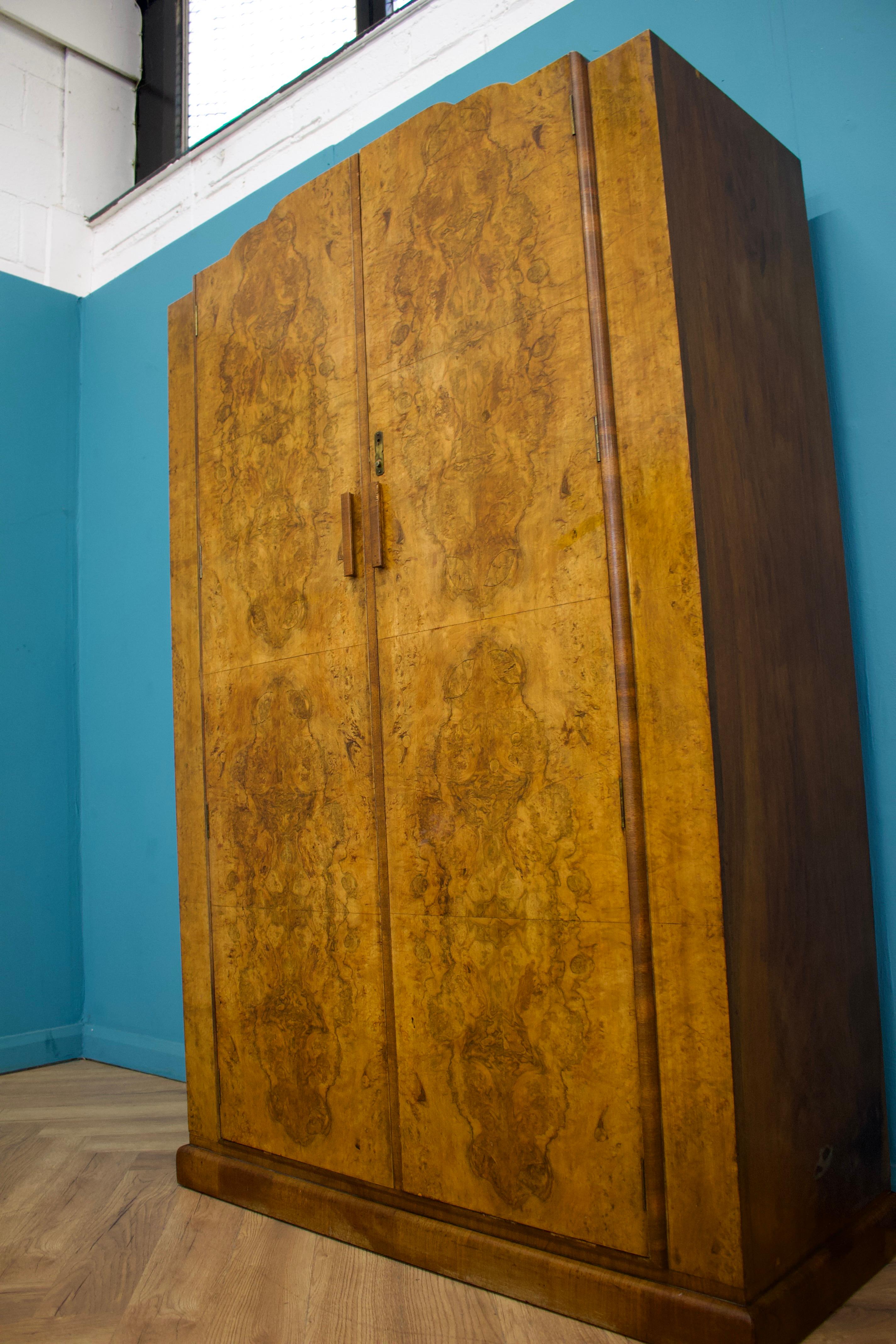 Mid-20th Century Vintage Art Deco Burr Walnut Wardrobe, 1930s For Sale