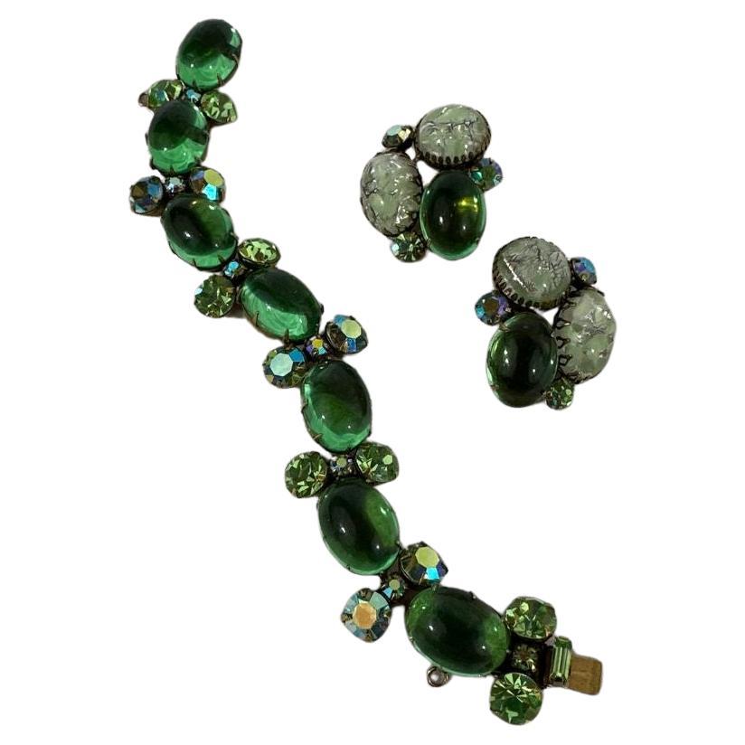 Vintage Art Deco Cabochon Glass & Rhinestones Set of Bracelet & Earrings  For Sale