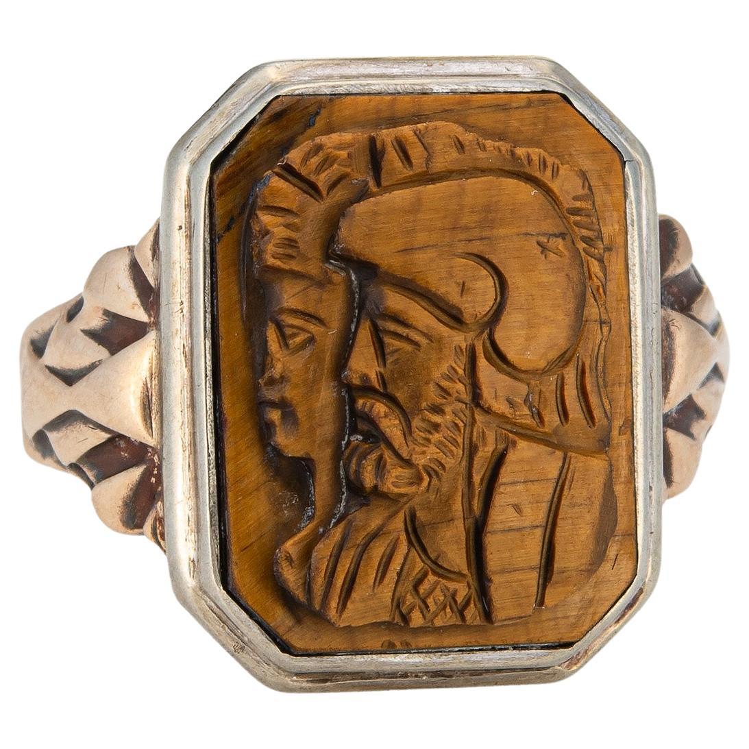 Vintage Art Deco Cameo Ring Centurion Tigers Eye Sz 8.75 Square Men's Jewelry For Sale
