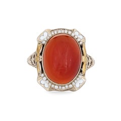 Vintage Art Deco Carnelian Ring 14k White Gold Filigree Heart Enamel Seed Pearl