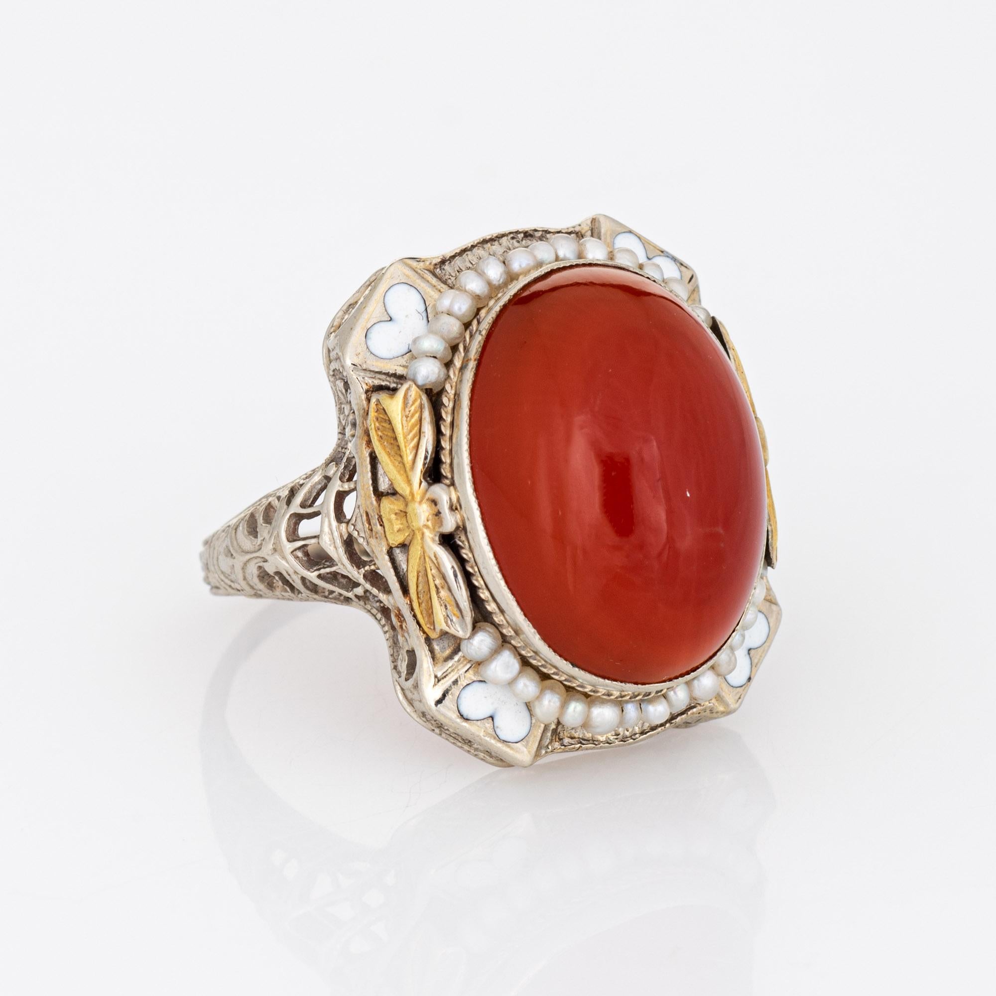 Cabochon Vintage Art Deco Carnelian Ring 14k White Gold Filigree Heart Enamel Seed Pearl