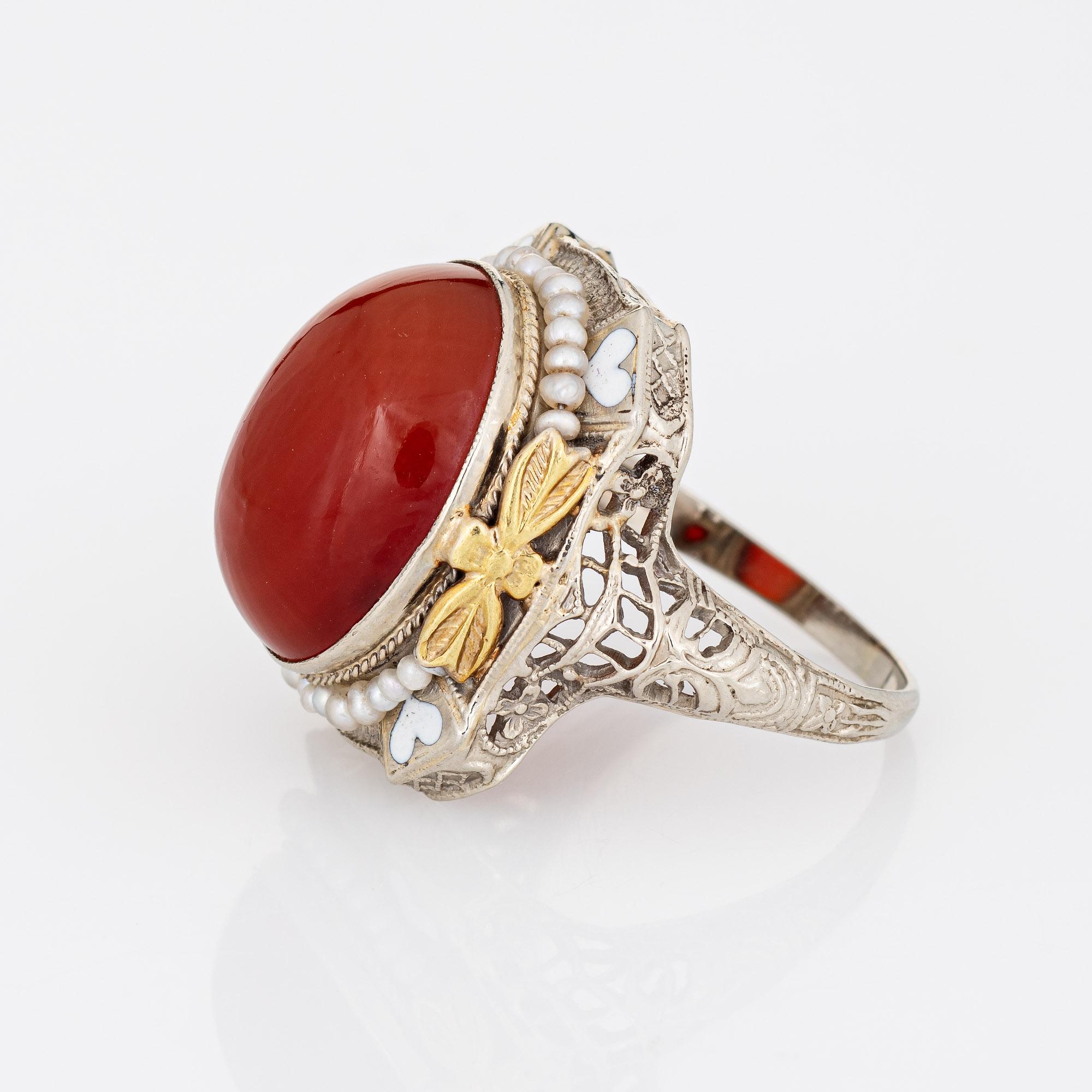 Vintage Art Deco Carnelian Ring 14k White Gold Filigree Heart Enamel Seed Pearl In Good Condition In Torrance, CA