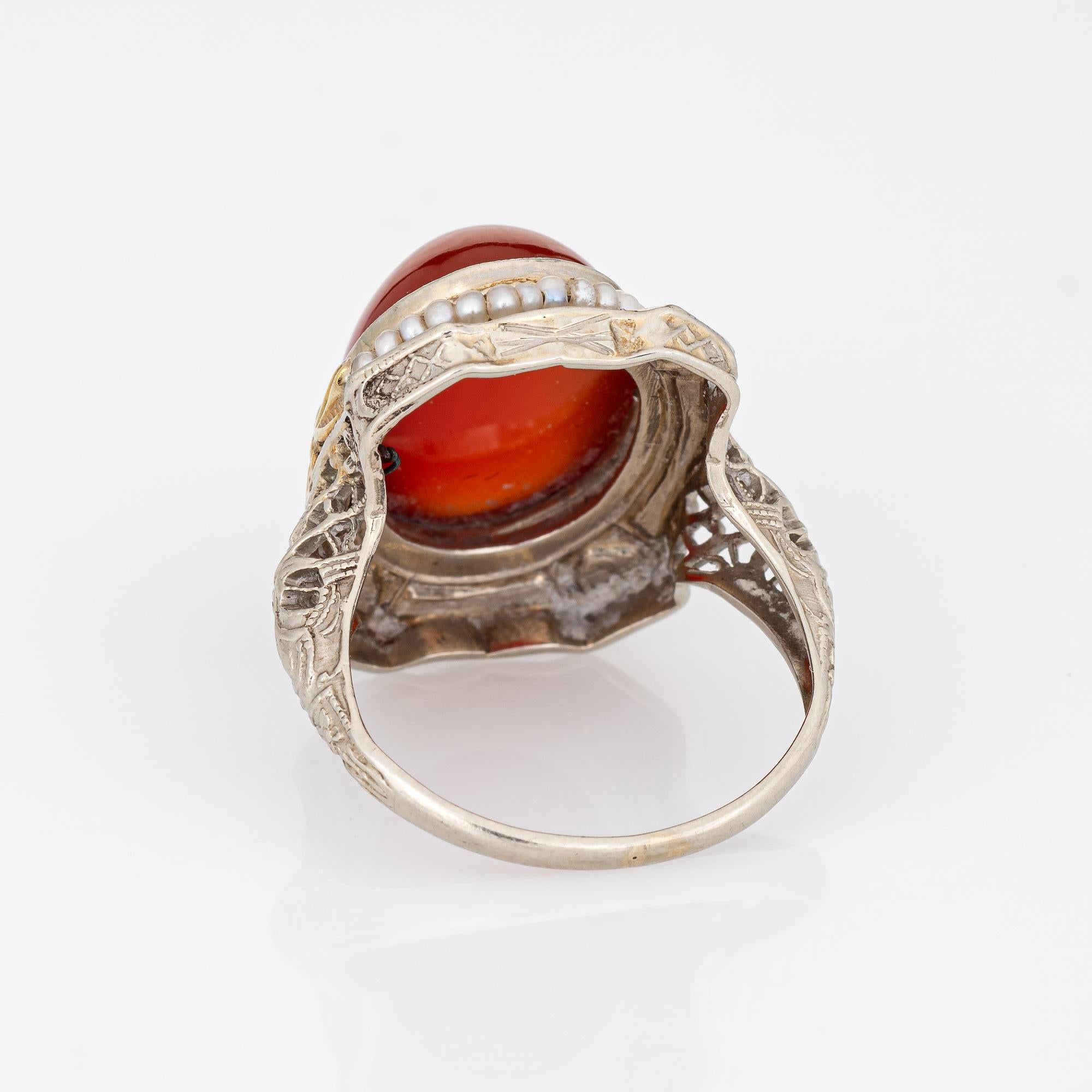 Women's Vintage Art Deco Carnelian Ring 14k White Gold Filigree Heart Enamel Seed Pearl