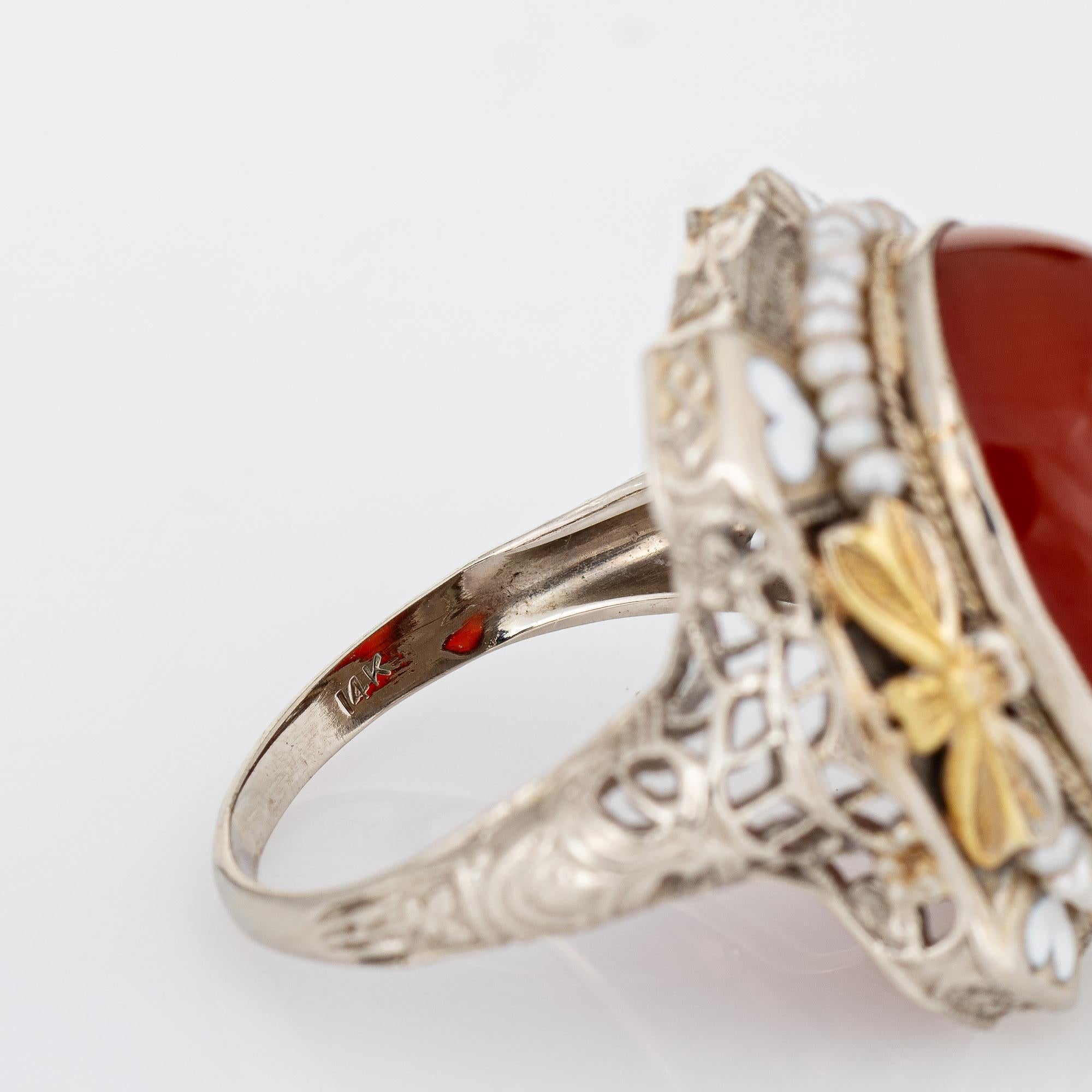 Vintage Art Deco Carnelian Ring 14k White Gold Filigree Heart Enamel Seed Pearl 2