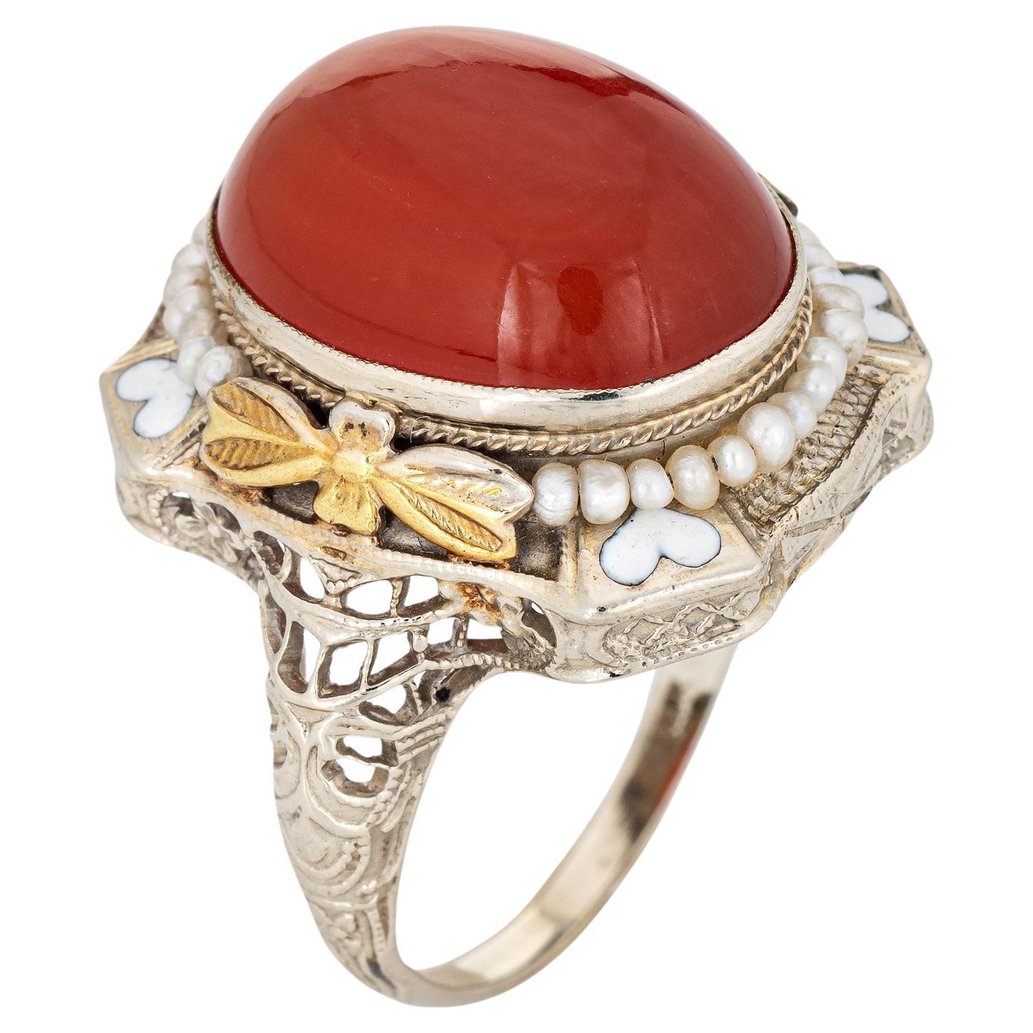 Vintage Art Deco Carnelian Ring 14k White Gold Filigree Heart Enamel Seed Pearl