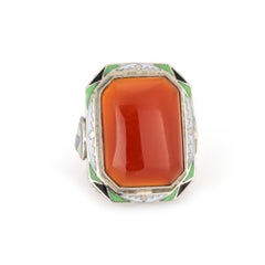 Vintage Art Deco Carnelian Ring Enamel Cocktail 14k Gold Filigree Jewelry Sz 5.5