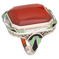Vintage Art Deco Carnelian Ring Enamel Cocktail 14k Gold Filigree Jewelry Sz 5.5