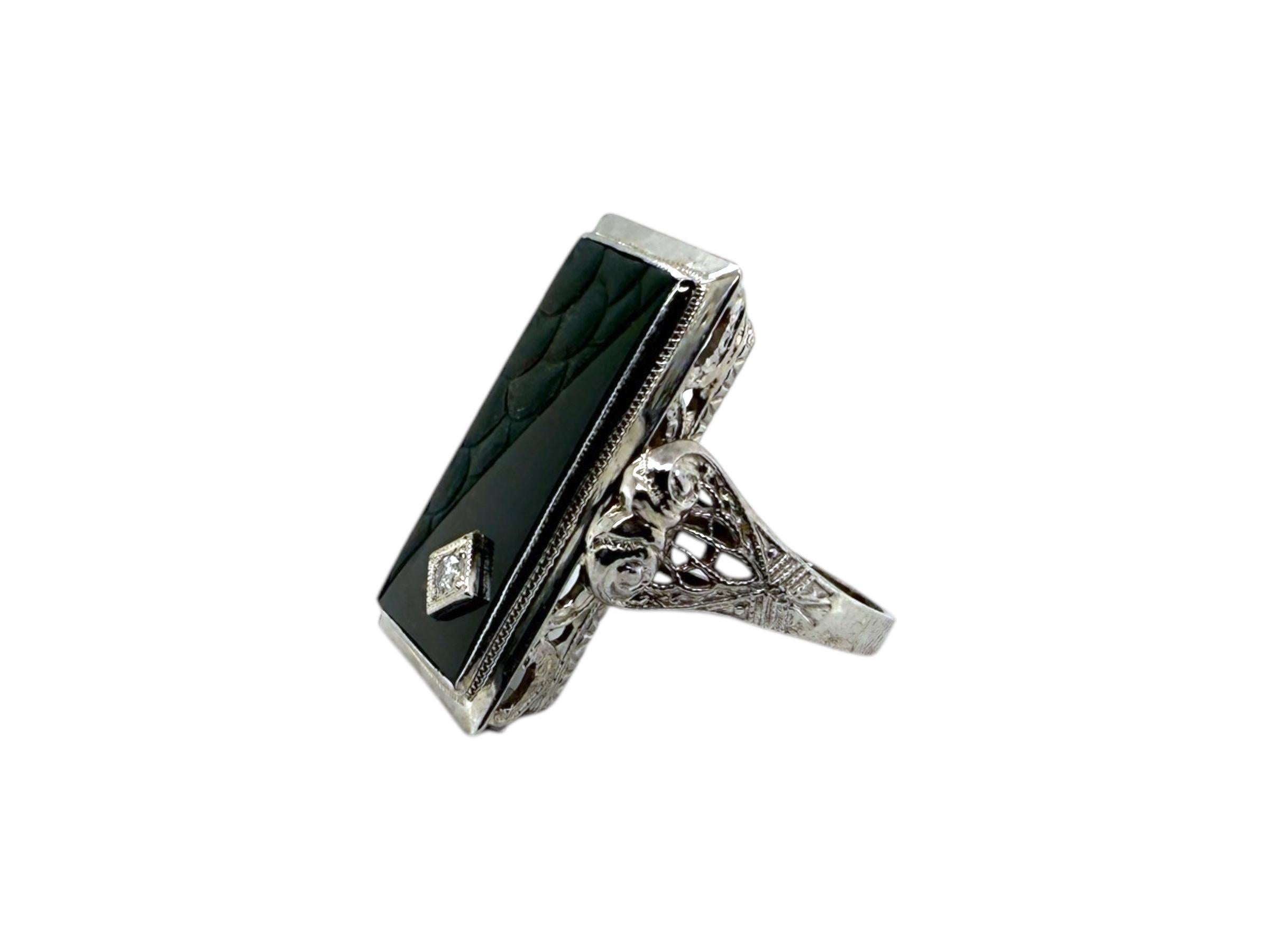 Vintage Art Deco Carved Bloodstone Cocktail Ring 14K White Gold For Sale 2