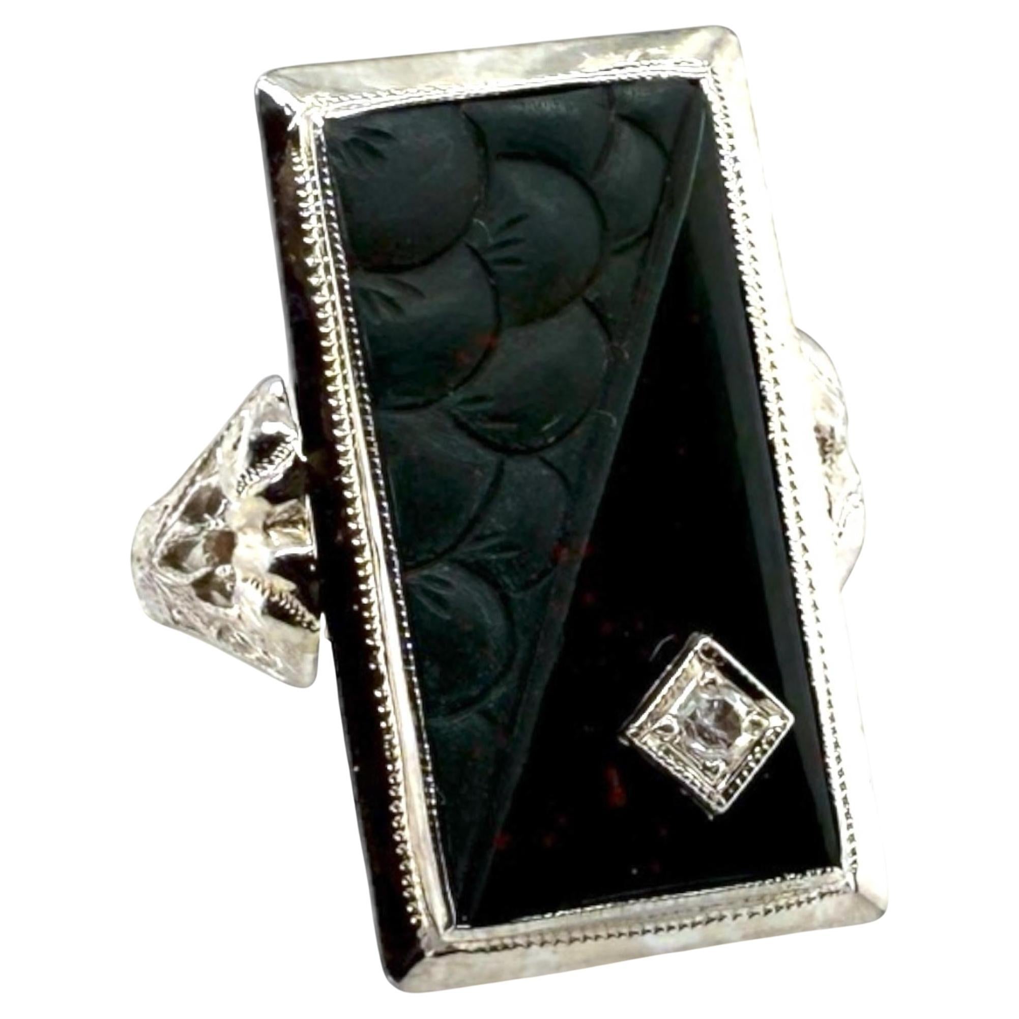 Vintage Art Deco Carved Bloodstone Cocktail Ring 14K White Gold
