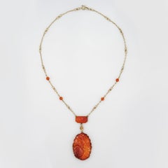 Vintage Art Deco Carved Carnelian Necklace 14k Yellow Gold 15.5" Drop Flowers