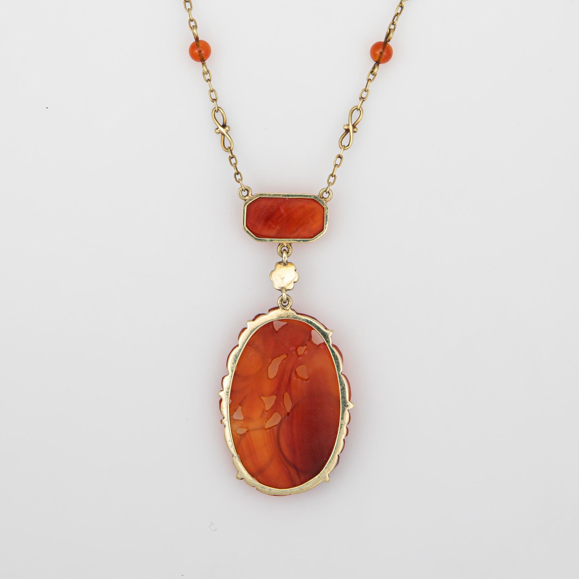 Oval Cut Vintage Art Deco Carved Carnelian Necklace 14k Yellow Gold 15.5