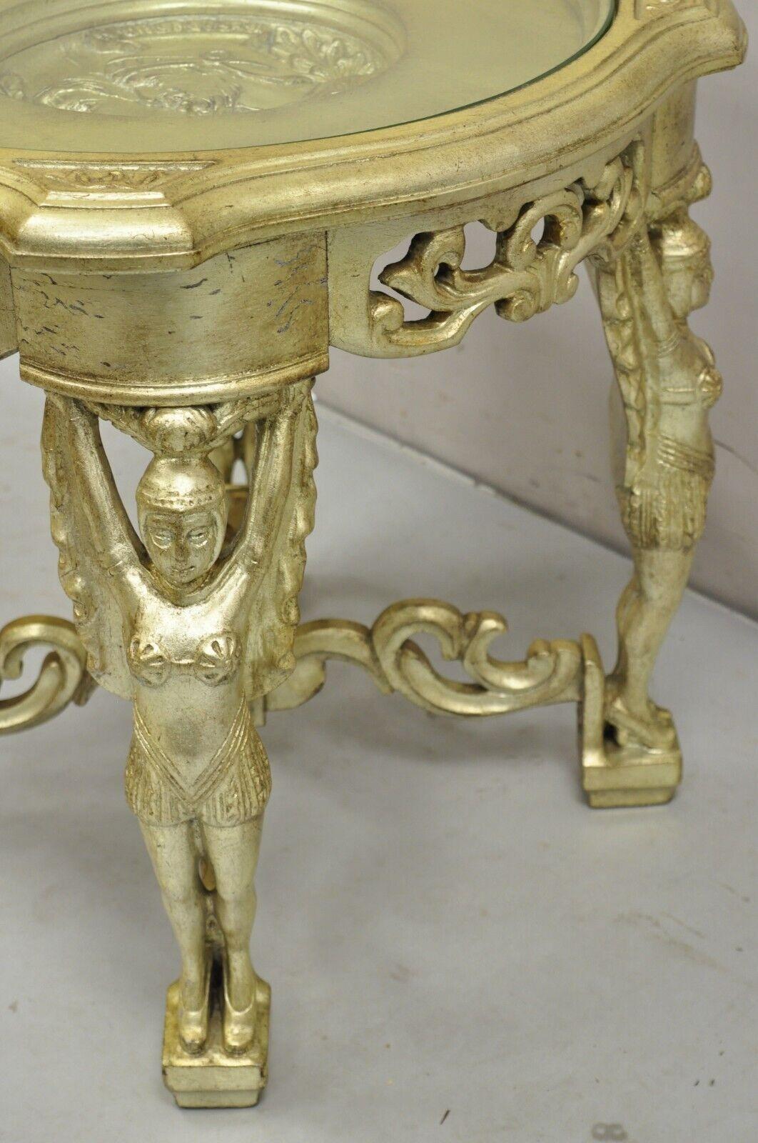 Vintage Art Deco Carved Female Dancer Silver Gold Round Coffee Side Table For Sale 5