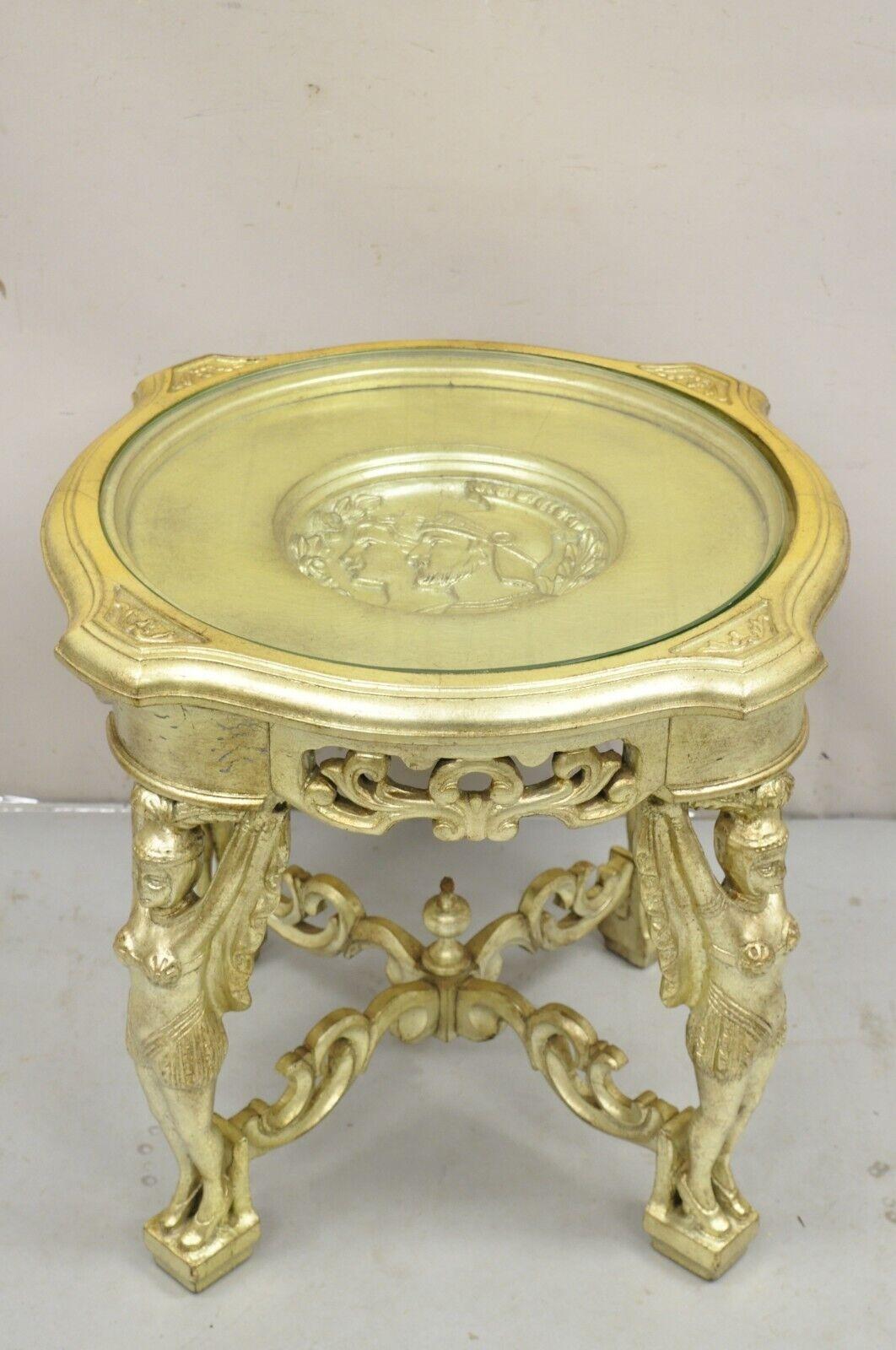 Vintage Art Deco Carved Female Dancer Silver Gold Round Coffee Side Table In Good Condition For Sale In Philadelphia, PA