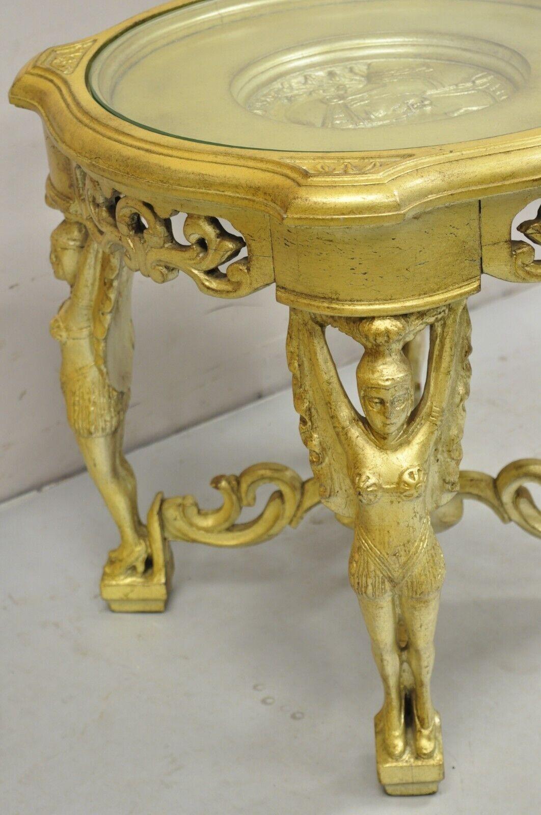Vintage Art Deco Carved Female Dancer Silver Gold Round Coffee Side Table For Sale 4