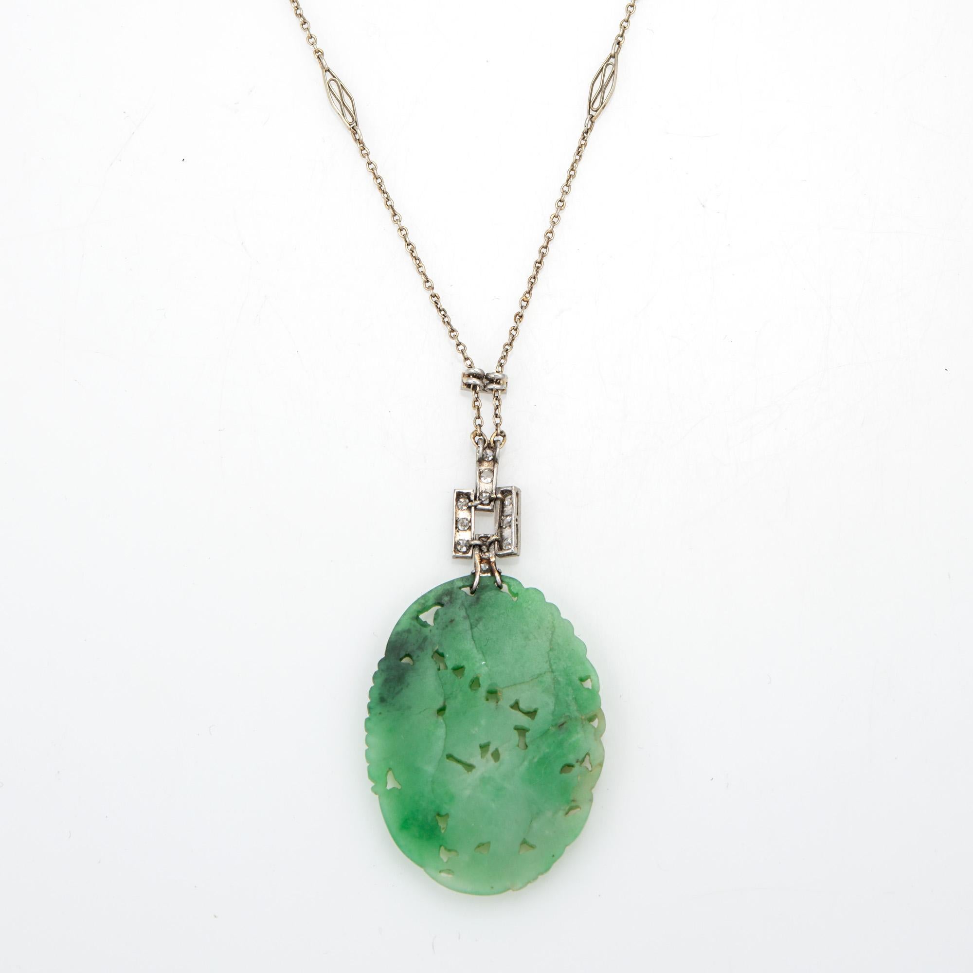 Oval Cut Vintage Art Deco Carved Jade Diamond Necklace Platinum 14k Gold 16