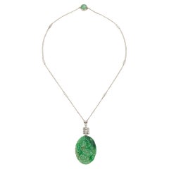 Vintage Art Deco Carved Jade Diamond Necklace Platinum 14k Gold 16" Flowers