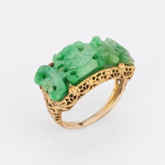 Vintage Art Deco Carved Jade Ring Buddha 14k Yellow Gold Sz 6 Filigree Jewelry