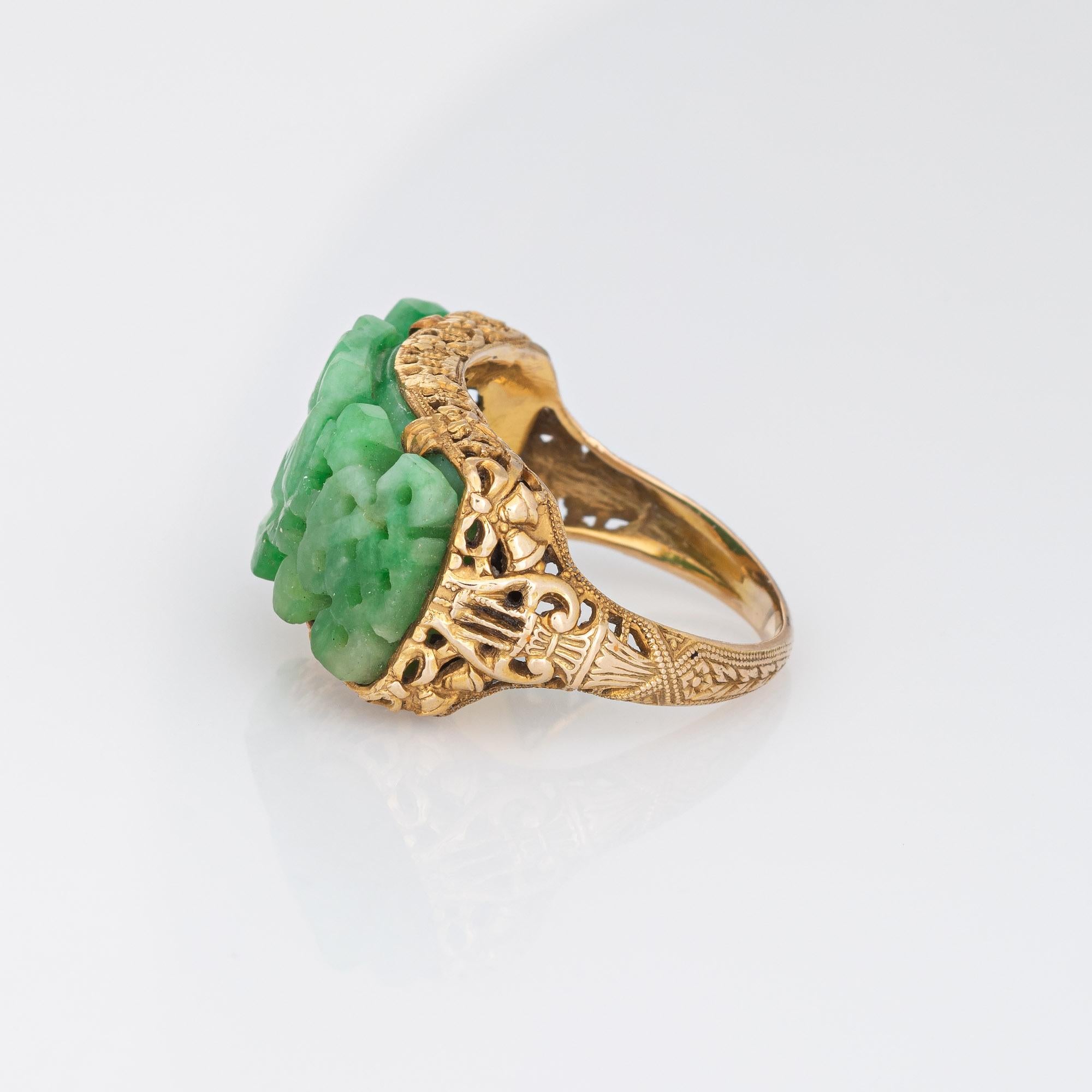 Cabochon Vintage Art Deco Carved Jade Ring Buddha 14k Yellow Gold Sz 6 Filigree Jewelry