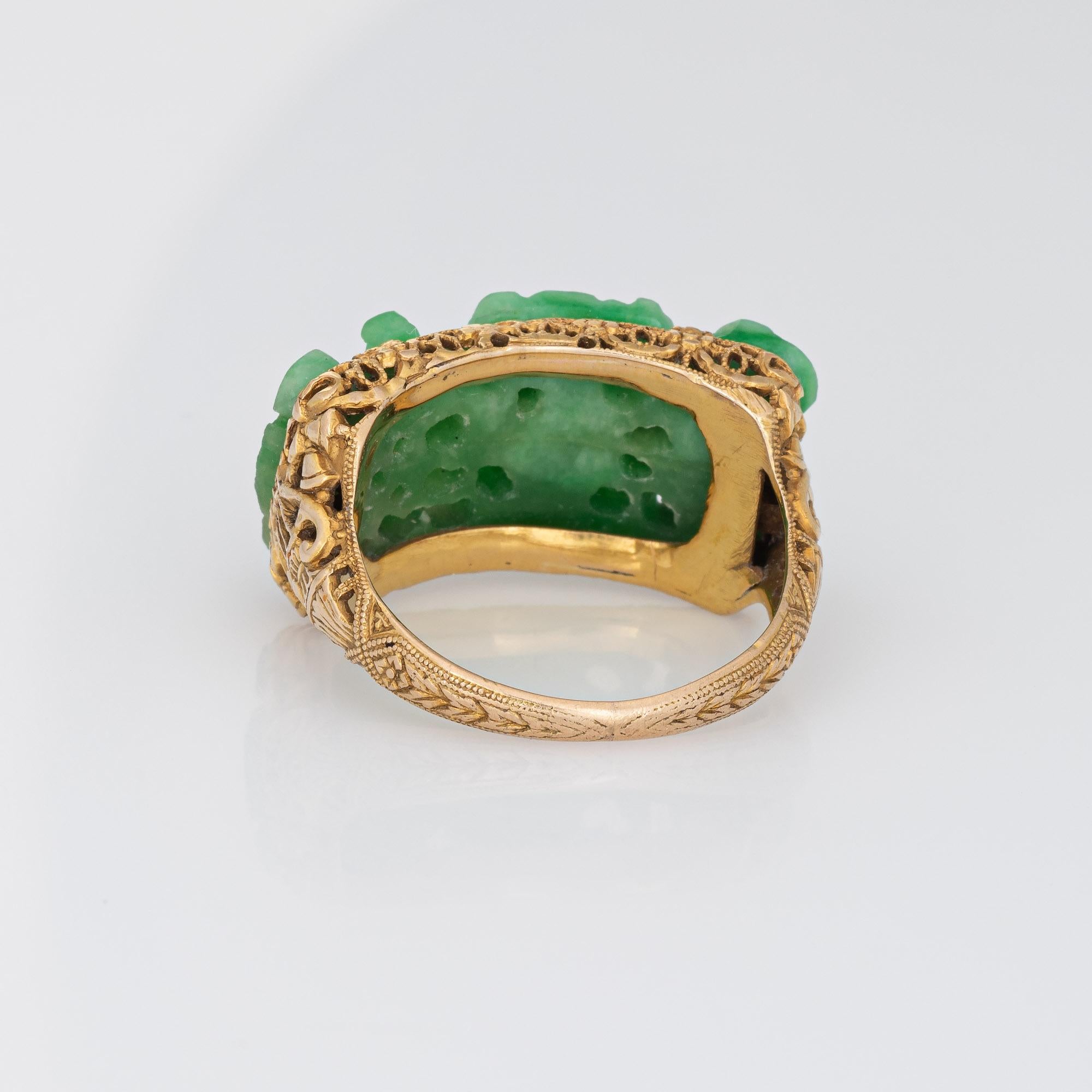 Vintage Art Deco Carved Jade Ring Buddha 14k Yellow Gold Sz 6 Filigree Jewelry In Good Condition In Torrance, CA