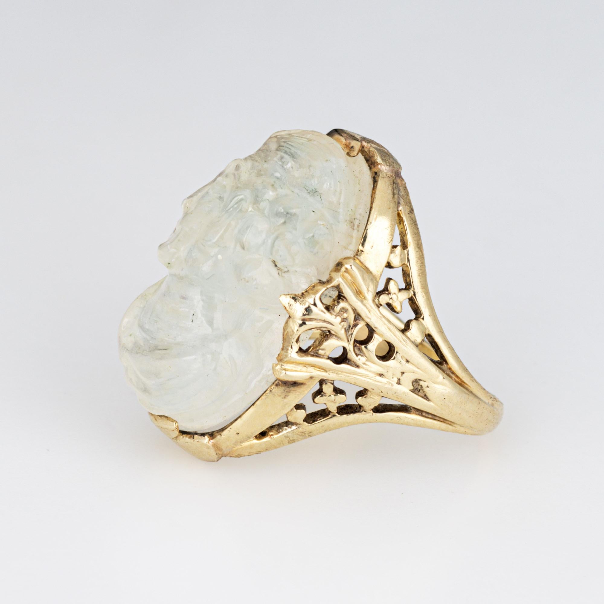 Vintage Art Deco Carved Moonstone Cameo Ring 14k Yellow Gold Sz 5 Fine Jewelry In Good Condition For Sale In Torrance, CA