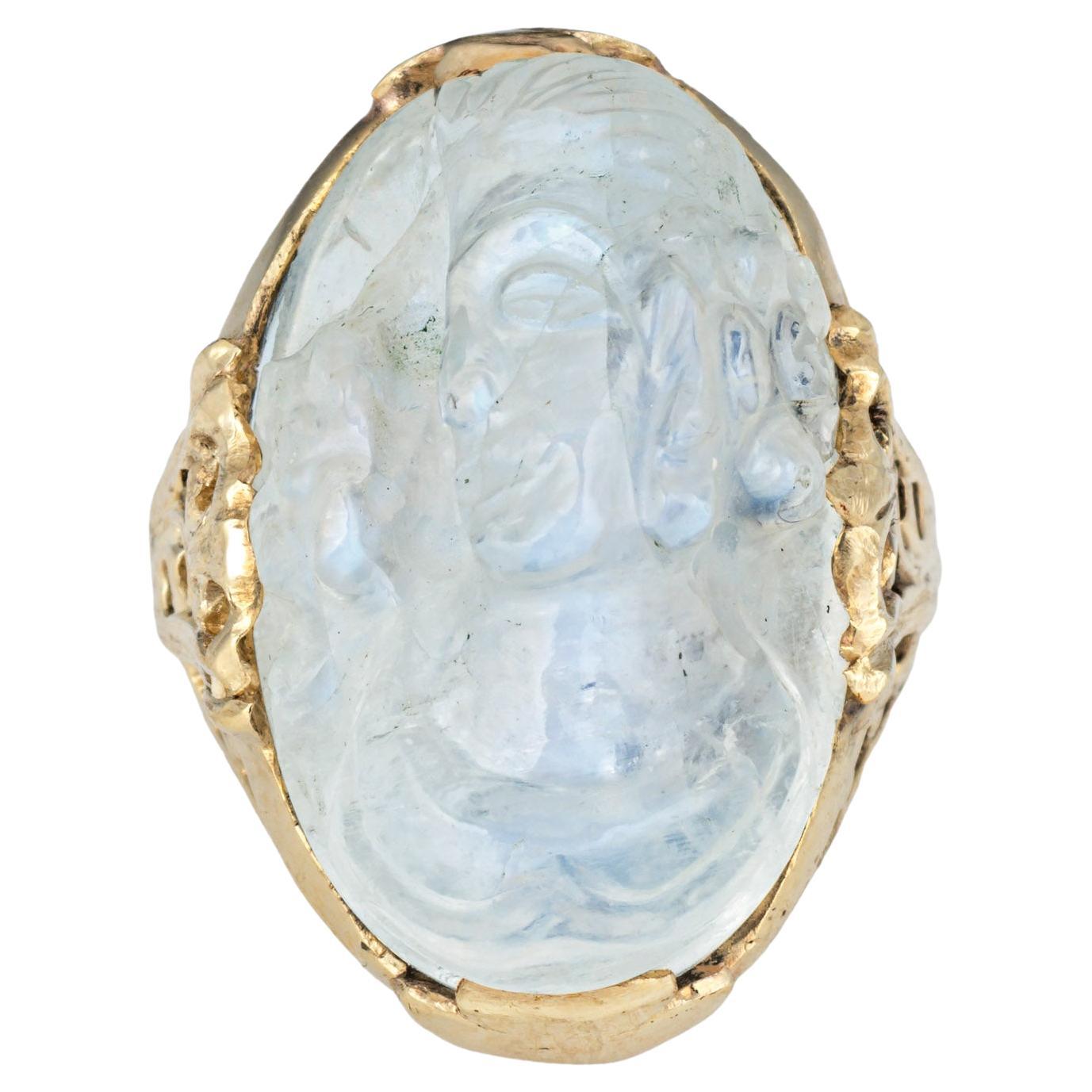 Bague camée Art déco vintage en or jaune 14 carats avec pierre de lune sculptée, taille 5 en vente