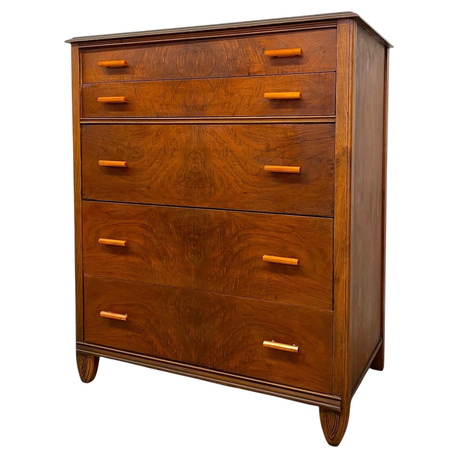 Vintage Art Deco 5 Drawer Dresser with Book matched Burl Wood Accents