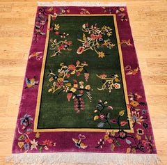 Vintage Chinese Art Deco Rug, Wool Pile, Sage Green & Purple