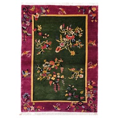 Vintage Art Deco Chinese Rug in Sage Green Field with Royal Purple Floral Border
