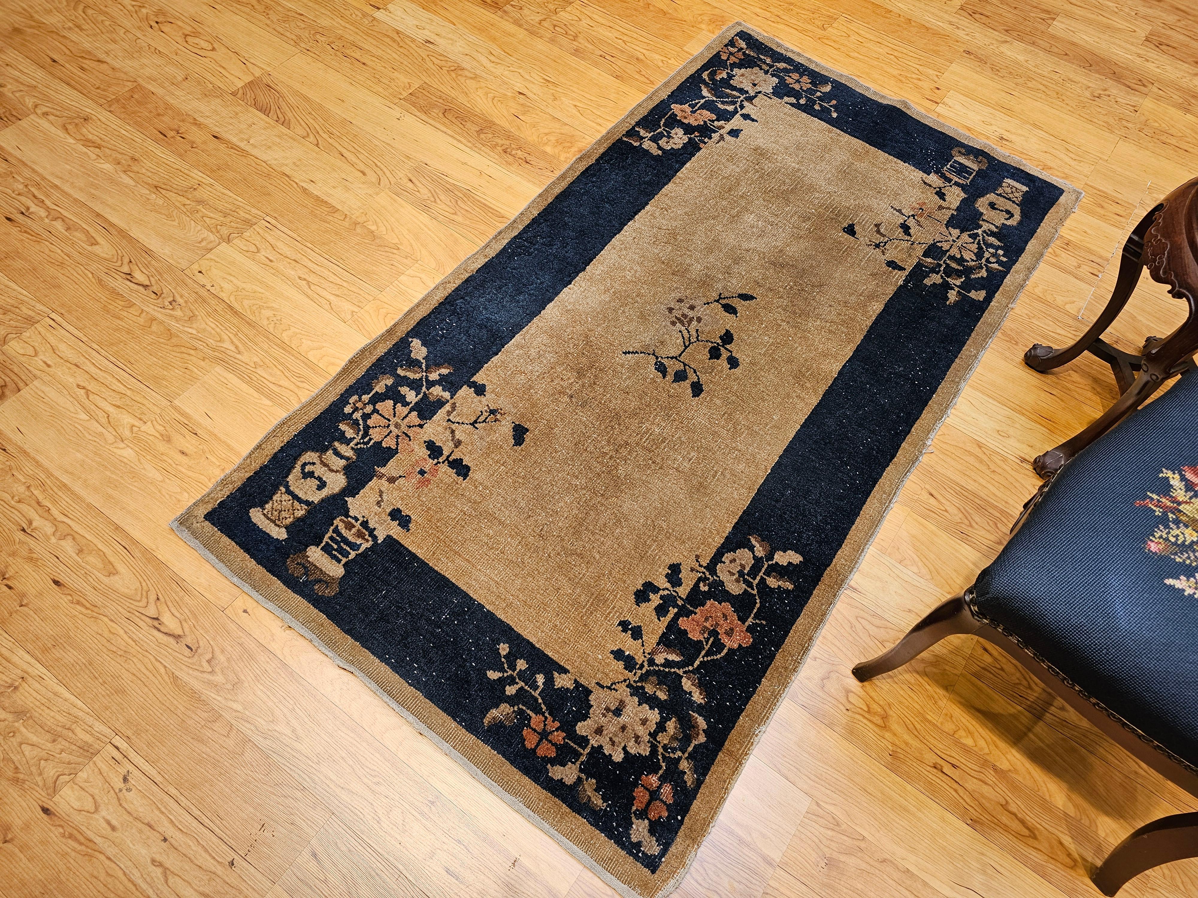 Vintage Art Deco Chinese Rug in Tan Field with Navy Border & Floral Vase Motifs For Sale 10