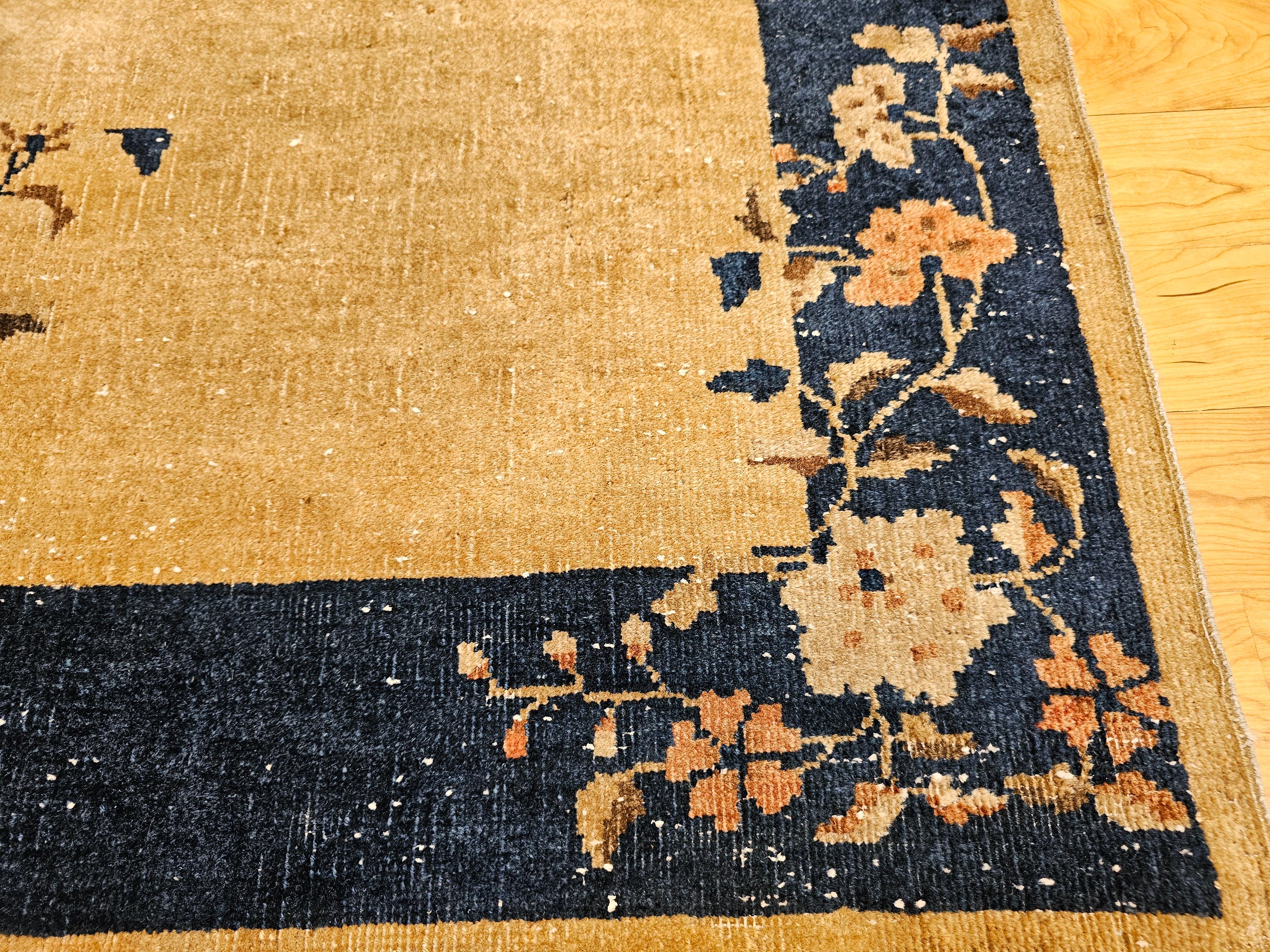 Vintage Art Deco Chinese Rug in Tan Field with Navy Border & Floral Vase Motifs For Sale 4