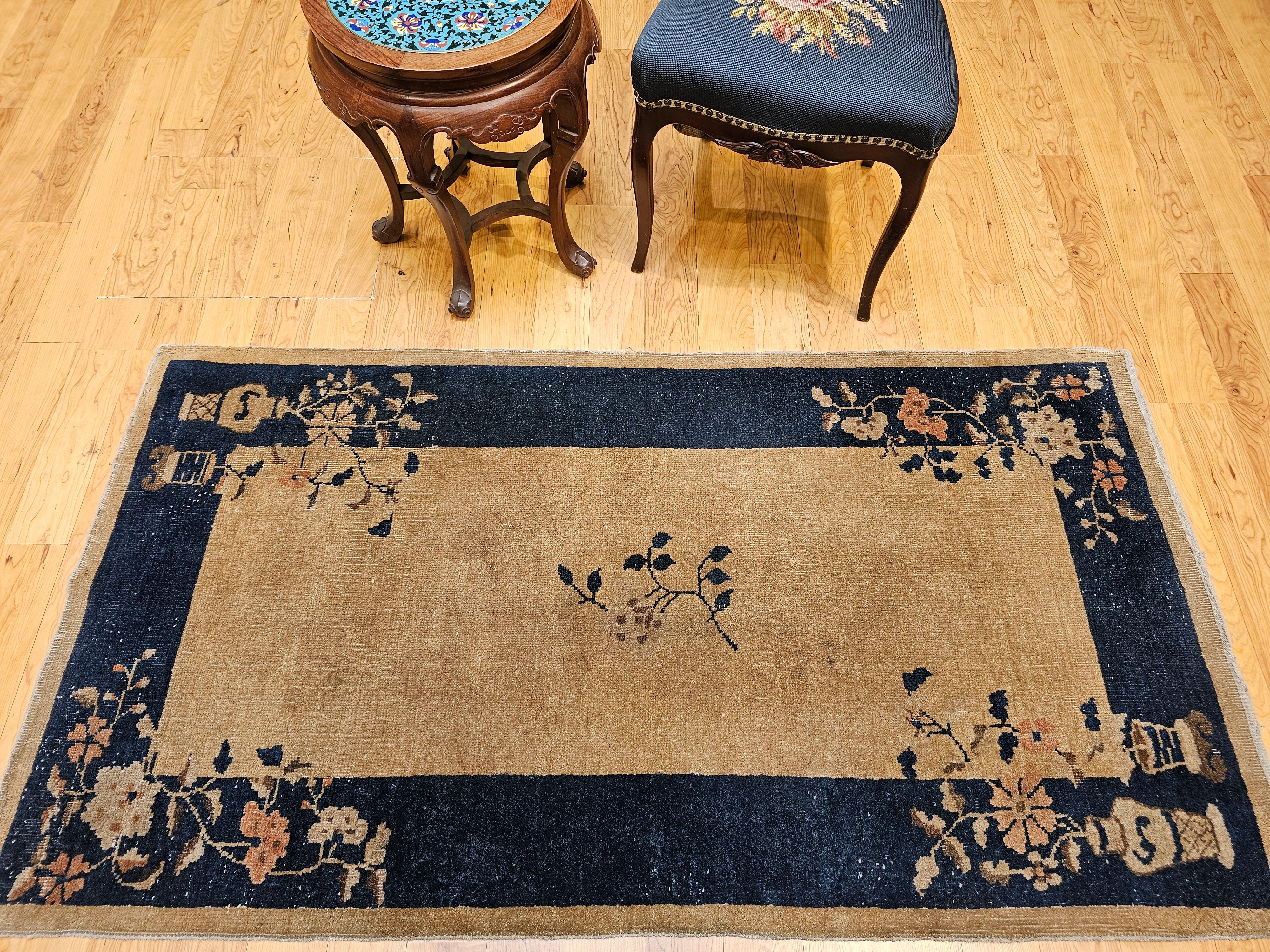 Vintage Art Deco Chinese Rug in Tan Field with Navy Border & Floral Vase Motifs For Sale 11