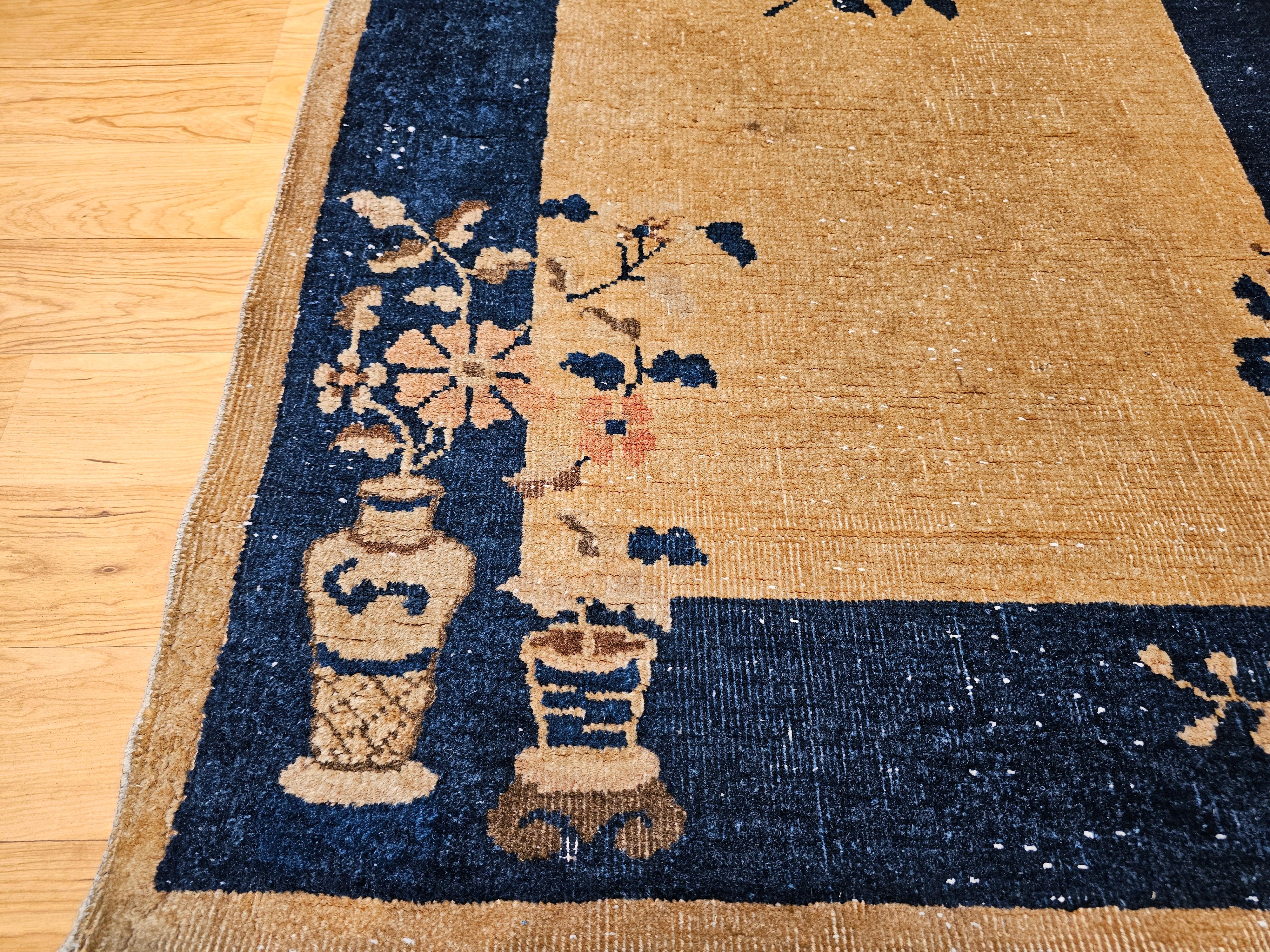 Vintage Art Deco Chinese Rug in Tan Field with Navy Border & Floral Vase Motifs For Sale 6