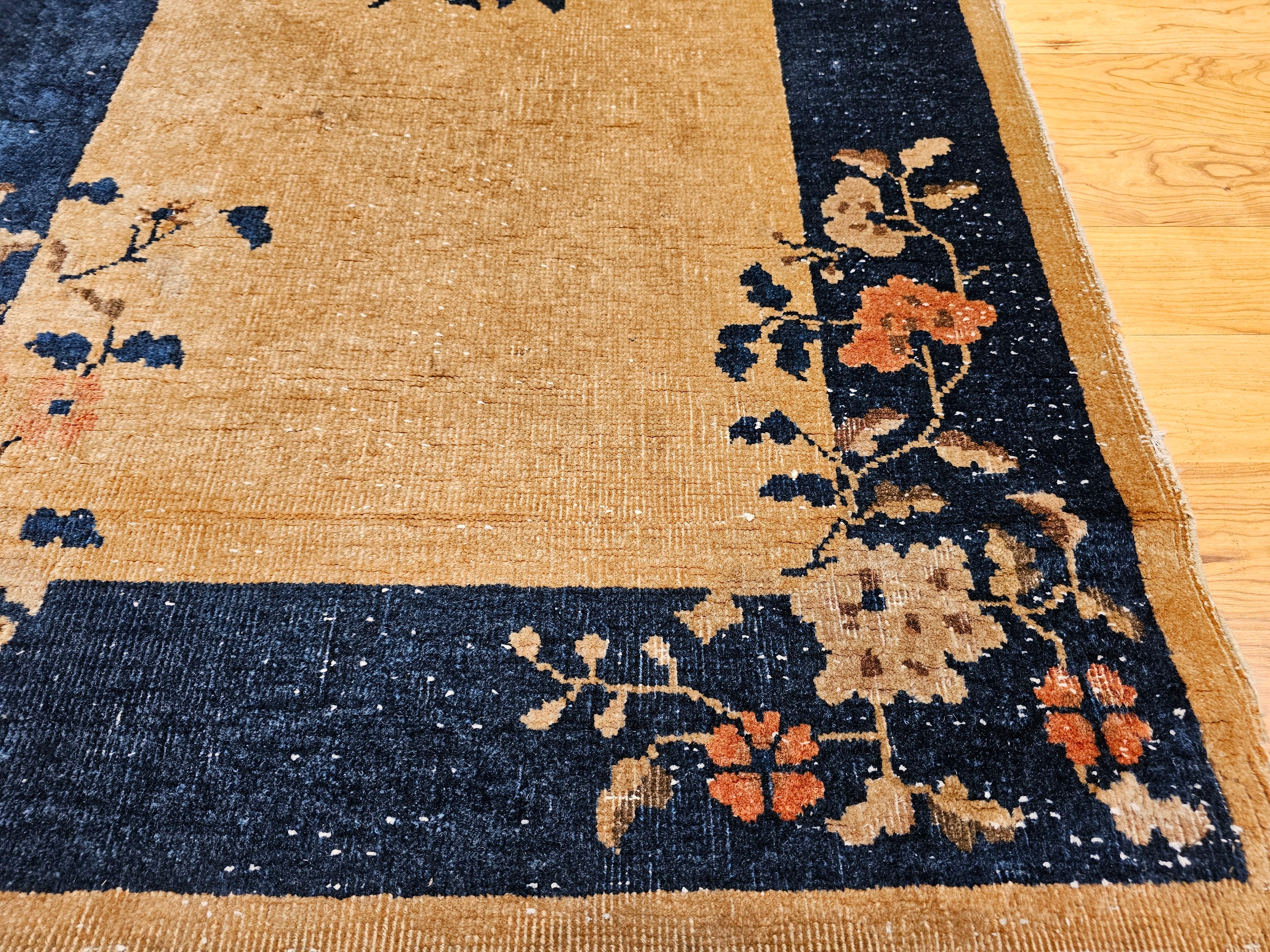 Vintage Art Deco Chinese Rug in Tan Field with Navy Border & Floral Vase Motifs For Sale 7