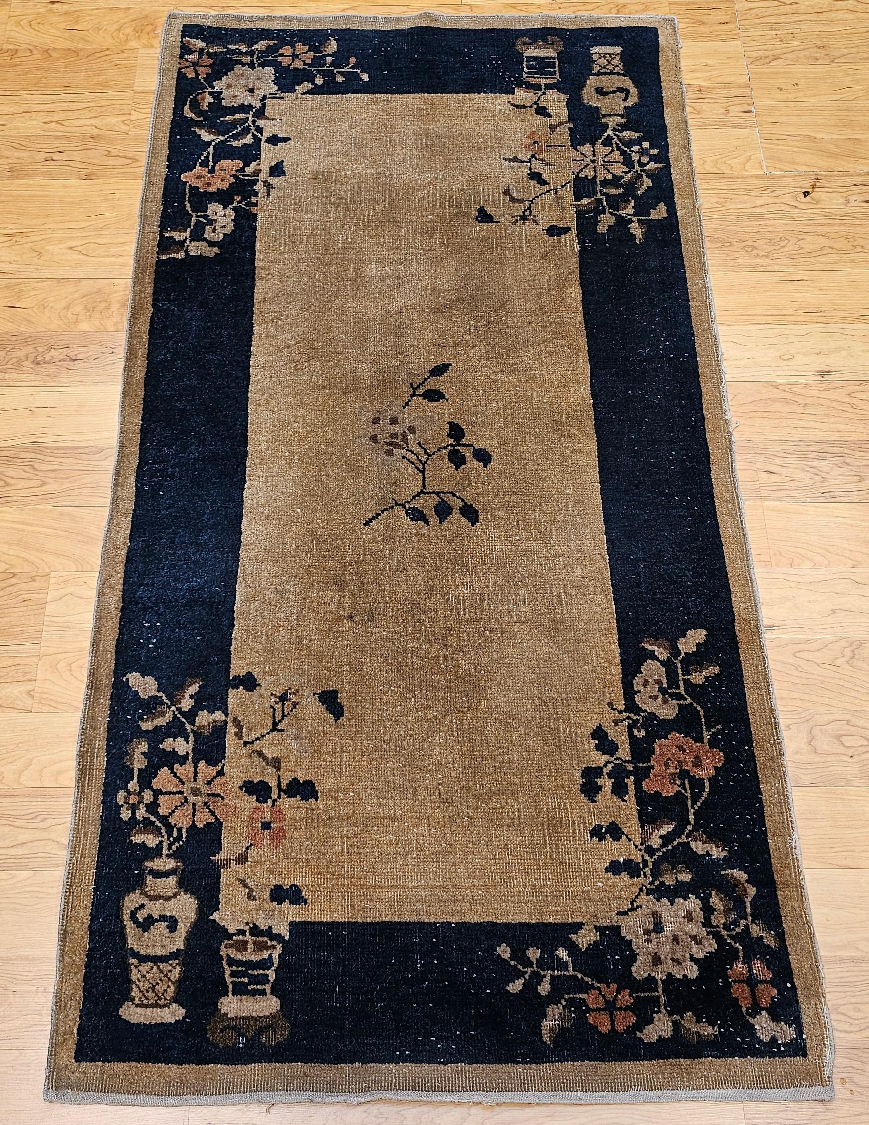 Vintage Art Deco Chinese Area Rug in Tan, Navy Blue, Brown, Pink, Red For Sale 8