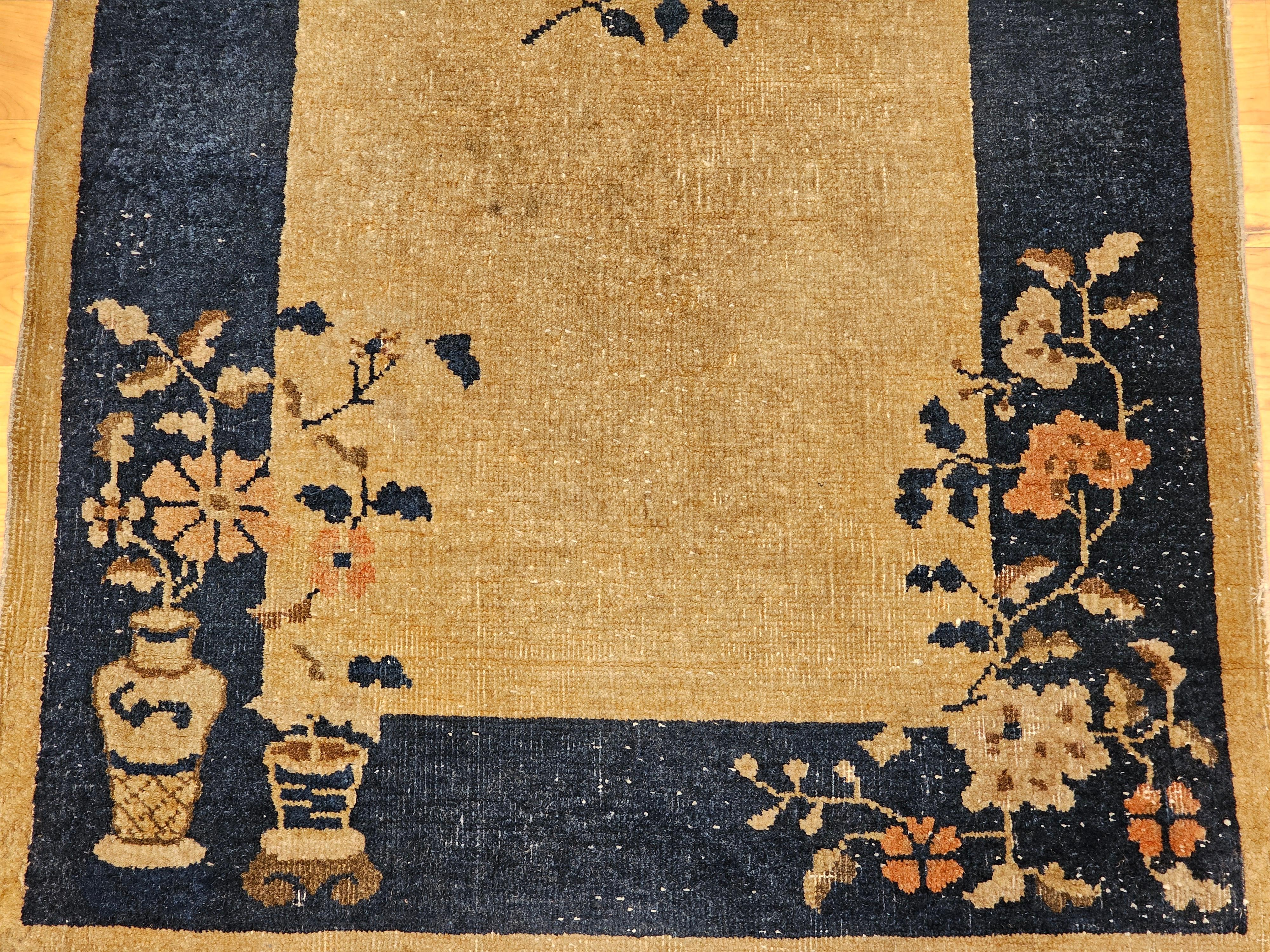 Hand-Woven Vintage Art Deco Chinese Rug in Tan Field with Navy Border & Floral Vase Motifs For Sale