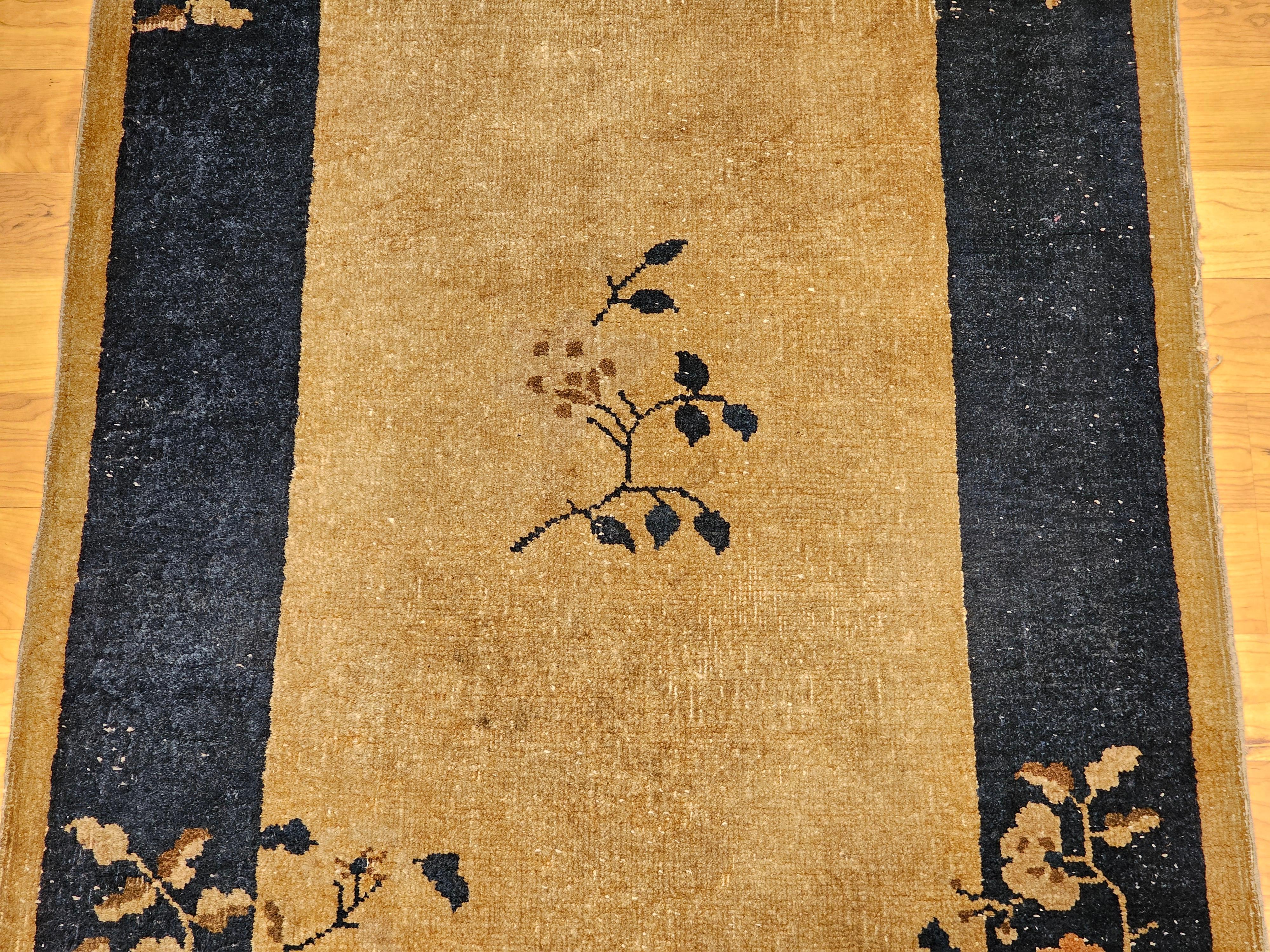 Vintage Art Deco Chinese Rug in Tan Field with Navy Border & Floral Vase Motifs In Good Condition For Sale In Barrington, IL