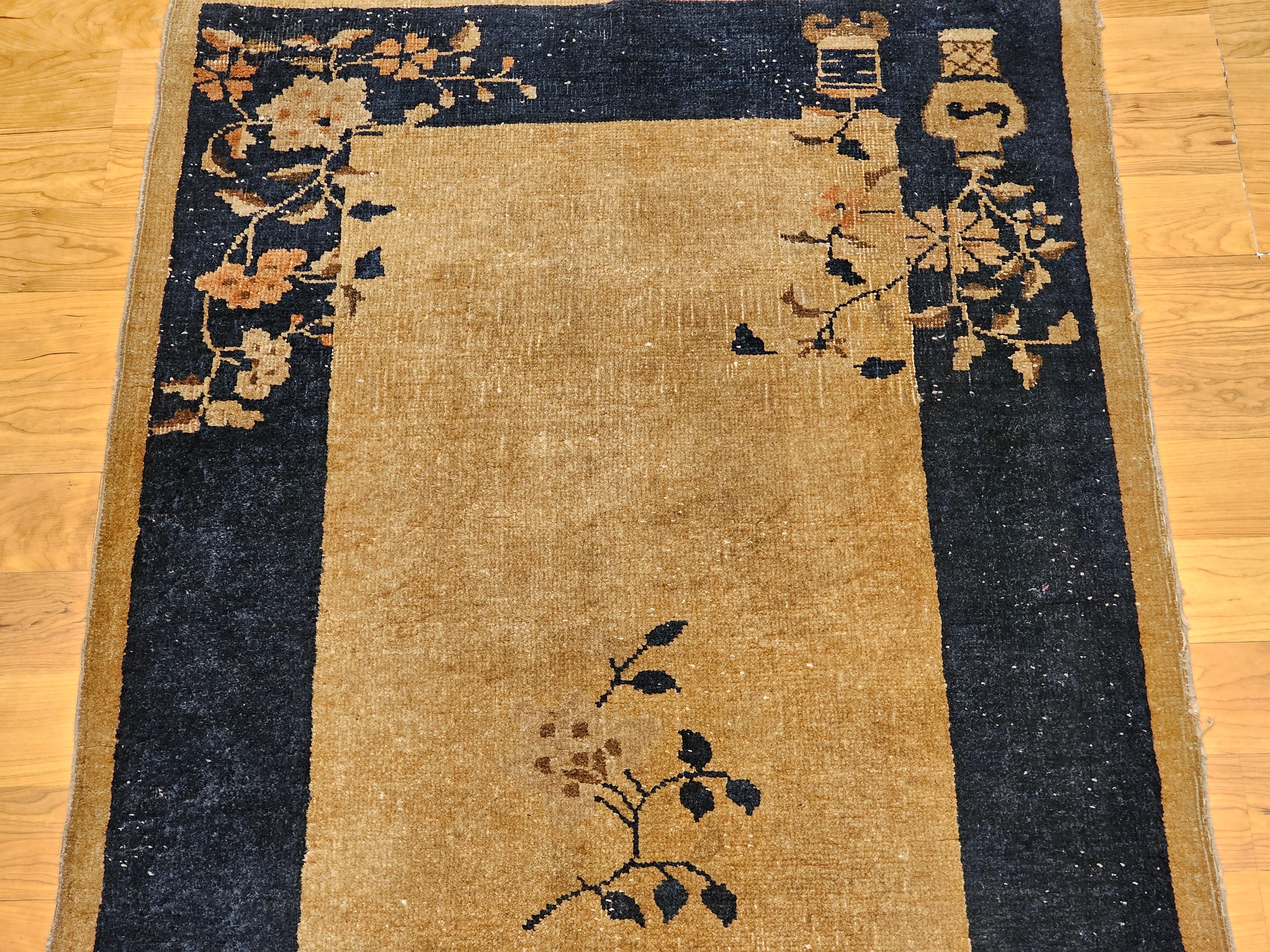 20th Century Vintage Art Deco Chinese Rug in Tan Field with Navy Border & Floral Vase Motifs For Sale