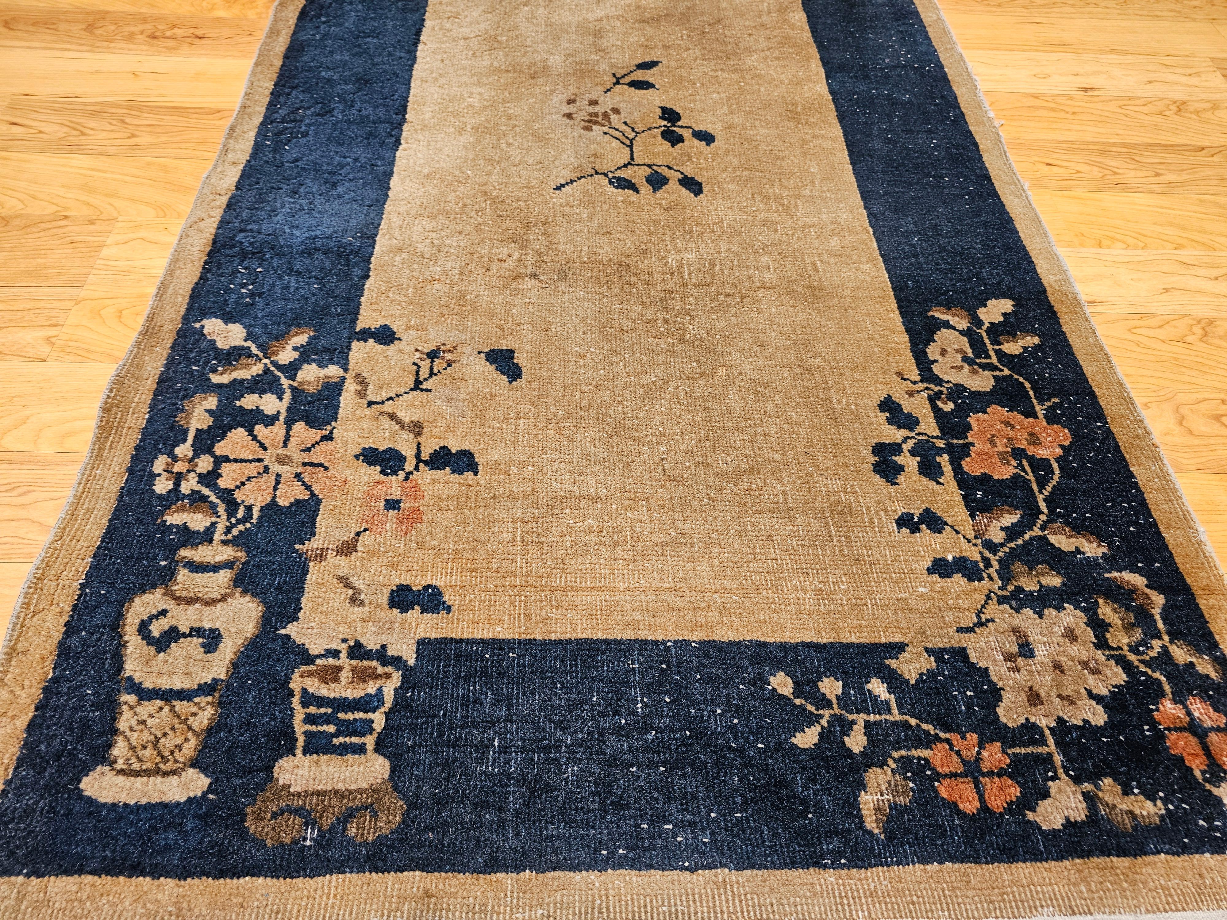 Vintage Art Deco Chinese Rug in Tan Field with Navy Border & Floral Vase Motifs For Sale 2