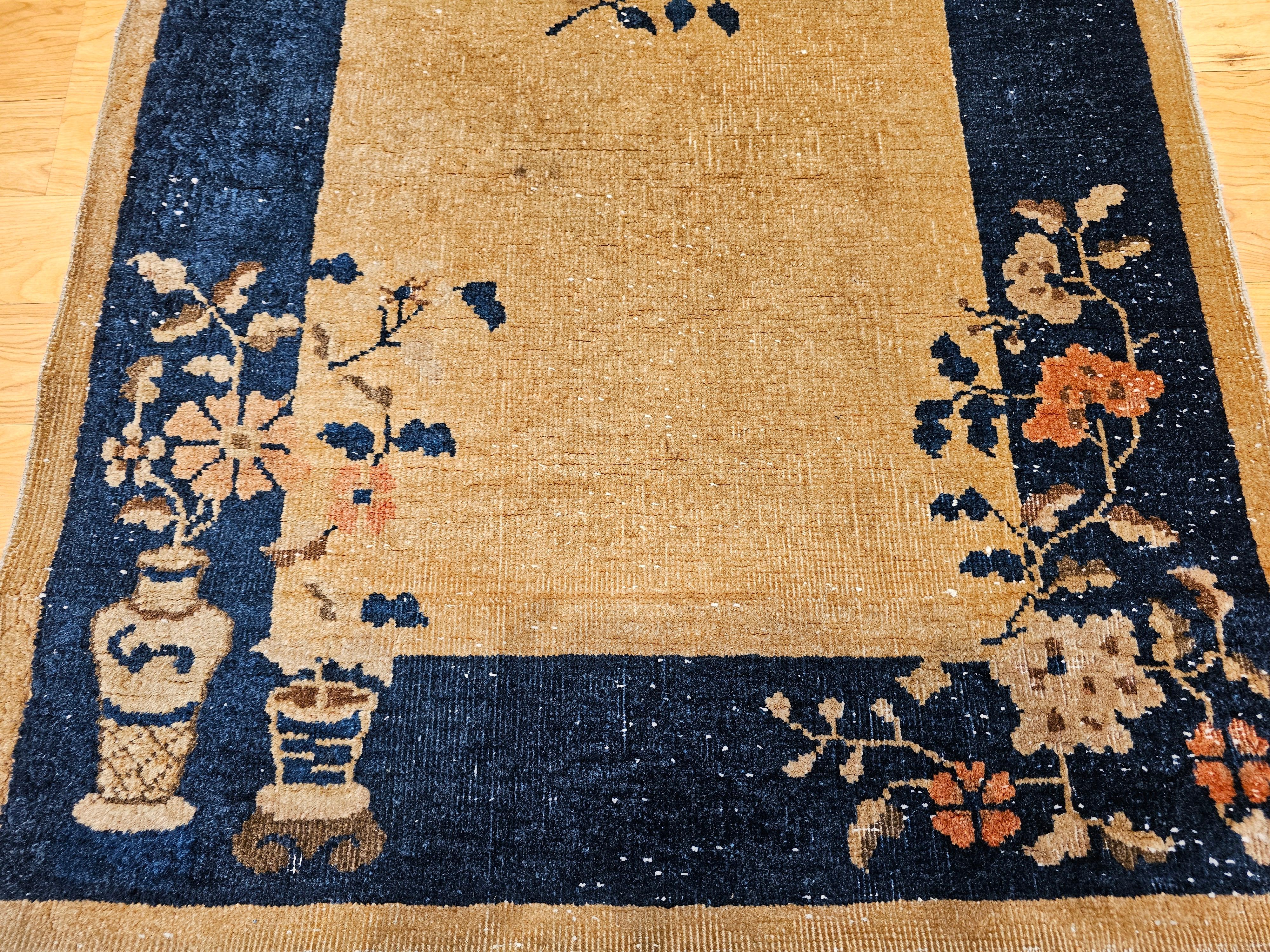 Wool Vintage Art Deco Chinese Rug in Tan Field with Navy Border & Floral Vase Motifs For Sale