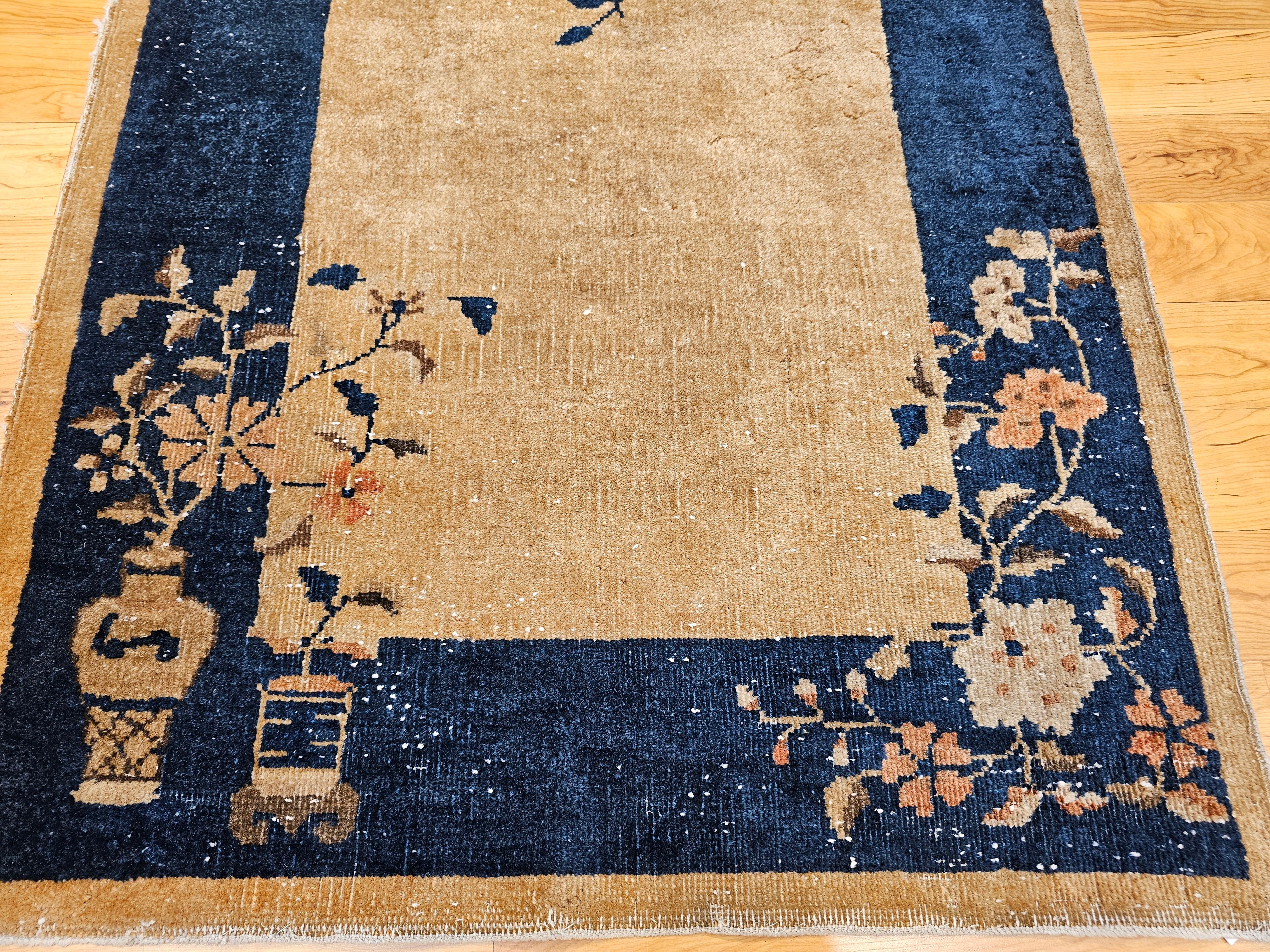 Vintage Art Deco Chinese Rug in Tan Field with Navy Border & Floral Vase Motifs For Sale 1
