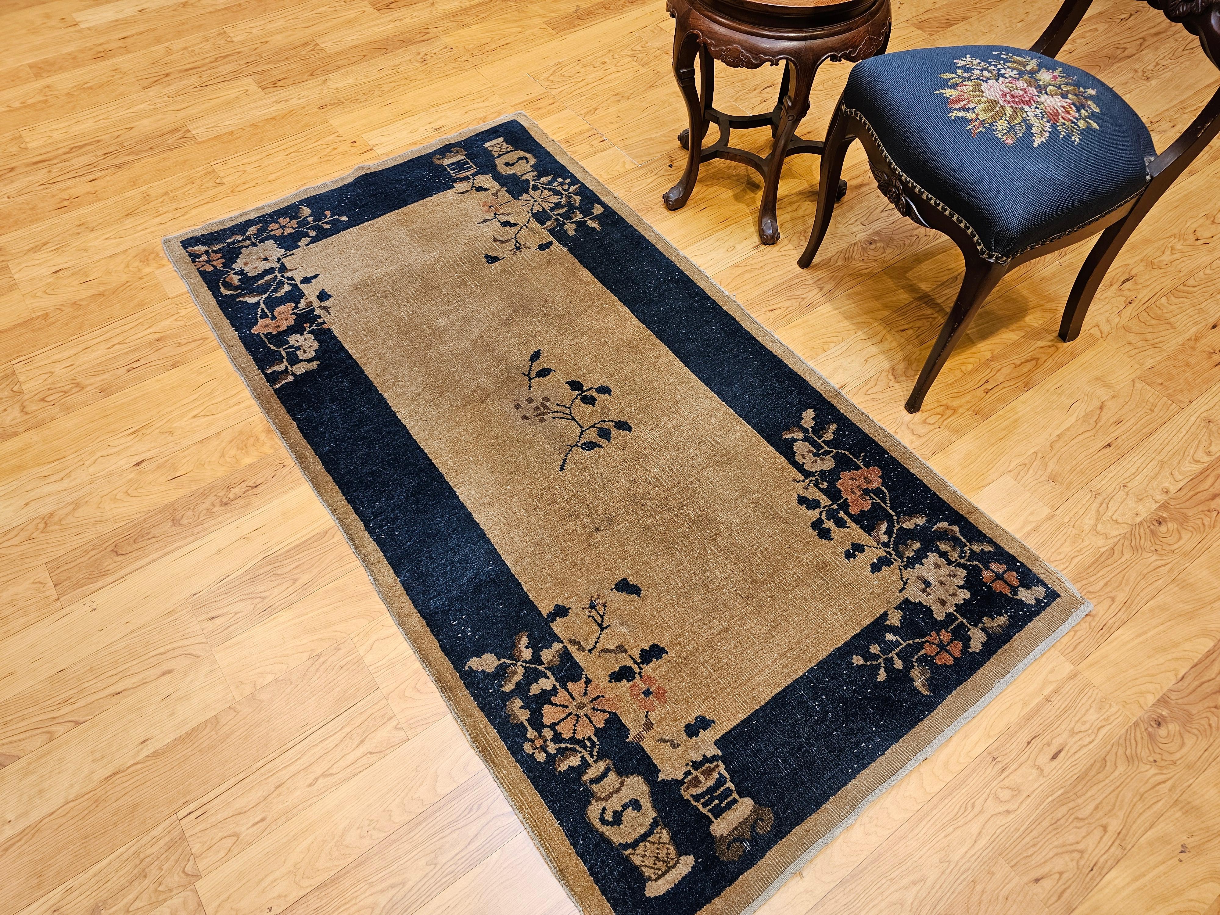 Vintage Art Deco Chinese Rug in Tan Field with Navy Border & Floral Vase Motifs For Sale 8